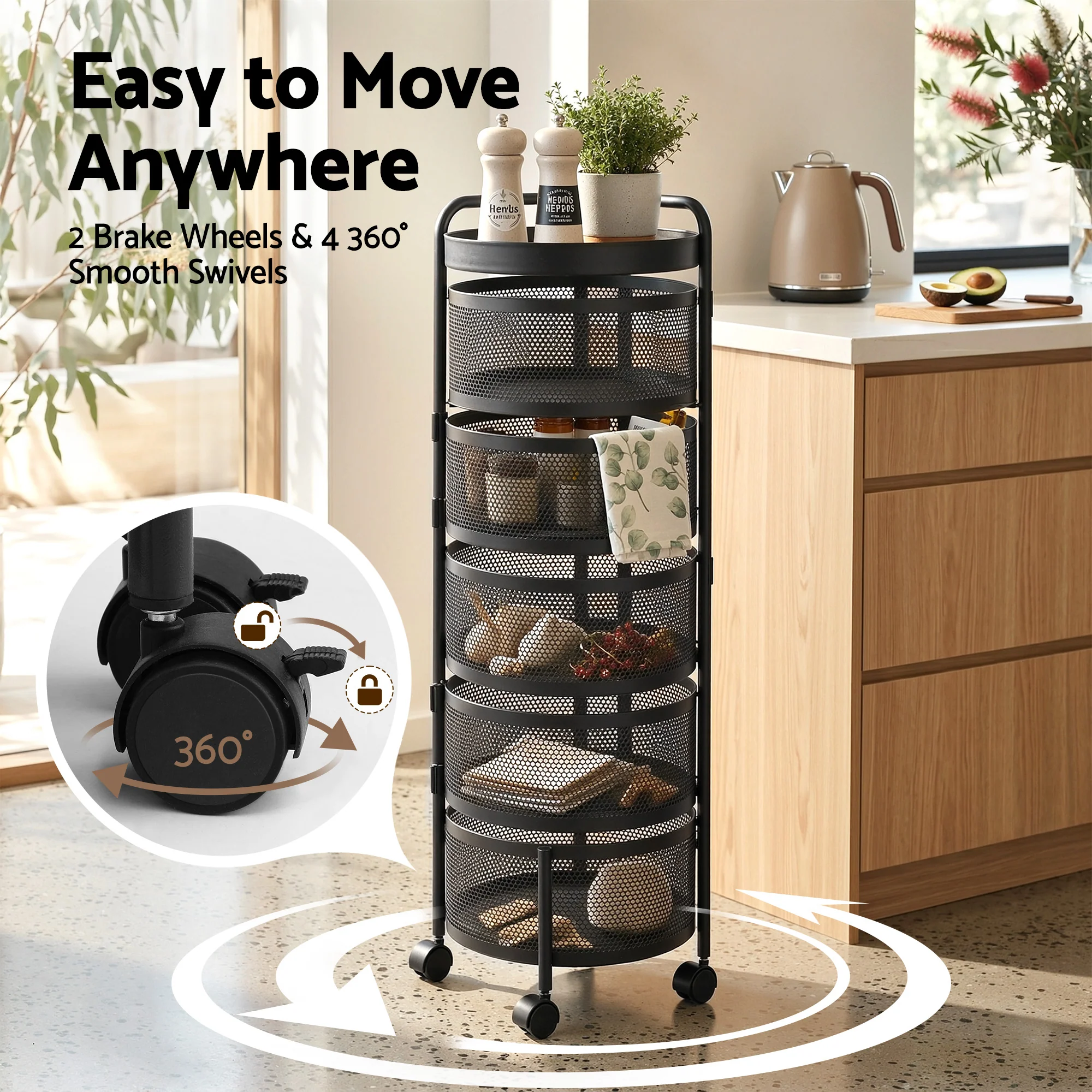 Artiss 5 Tiers Storage Trolley Storage Cart Round Basket Black - Image 6