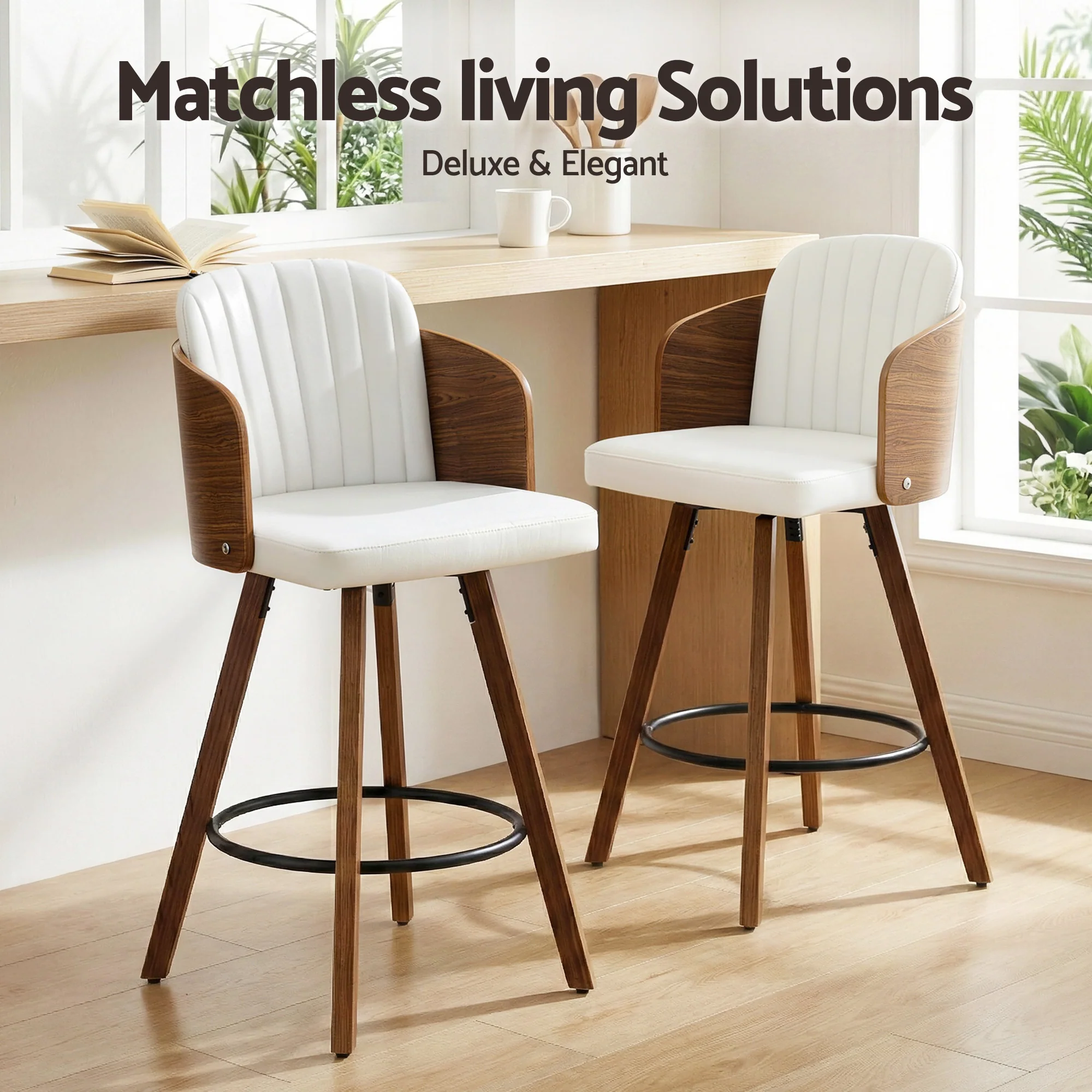 Artiss 58cm Wooden Bar Stools Set of 2 Swivel Kitchen Counter Stool Chair with PU Seat Backrest Metal Footrest - Image 5