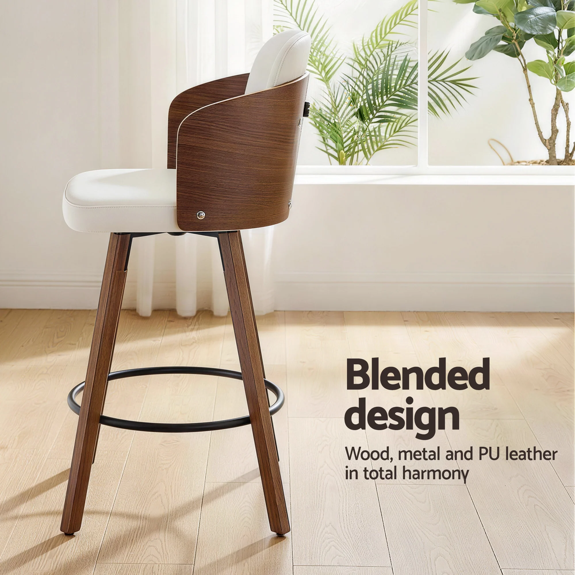 Artiss 58cm Wooden Bar Stools Set of 4 Swivel Kitchen Counter Stool Chair with PU Seat Backrest - Image 6