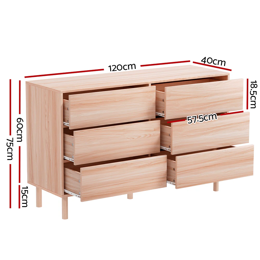 Artiss 6 Chest of Drawers Cabinet Dresser Table Tallboy Storage Bedroom Pine - Image 2