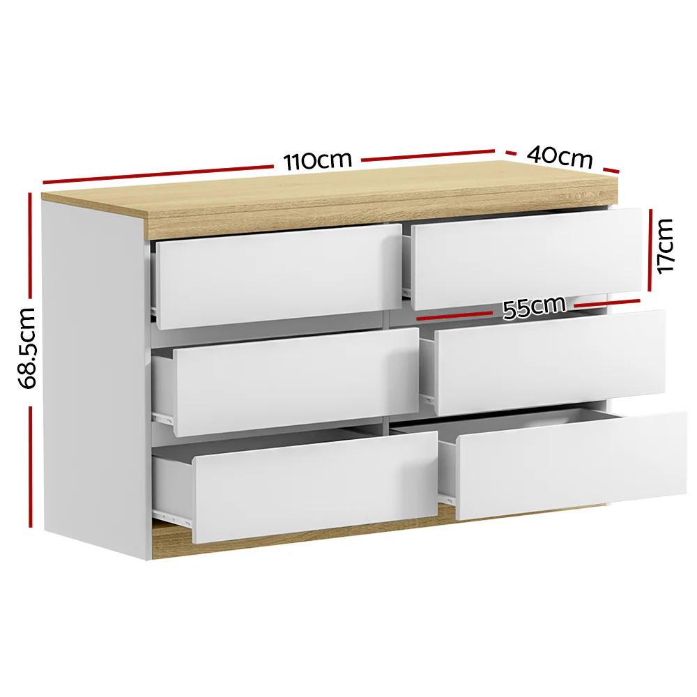 Artiss 6 Chest of Drawers Cabinet Dresser Table Tallboy Storage Bedroom White - Image 2