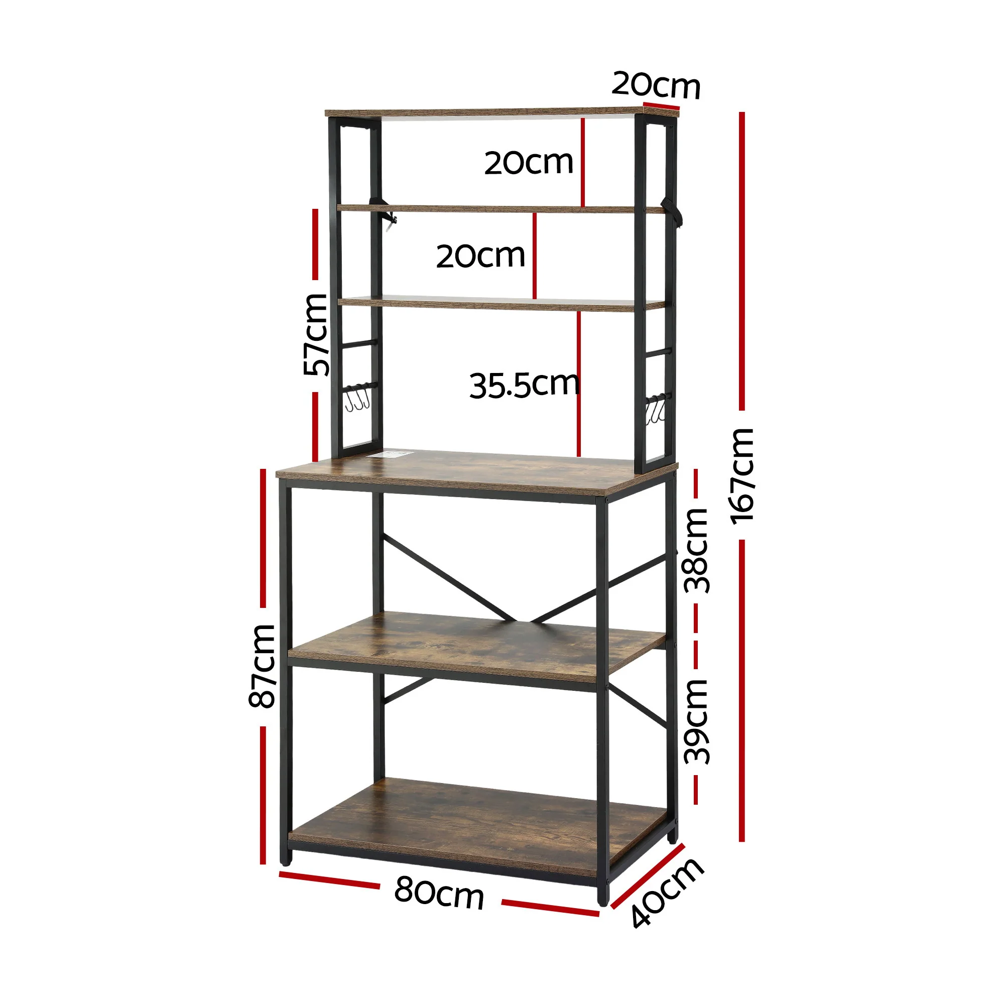 Artiss 6-Tier Kitchen Rack with 6 Hooks Microwave Storage Shelf 80cm x 167cm - Image 3