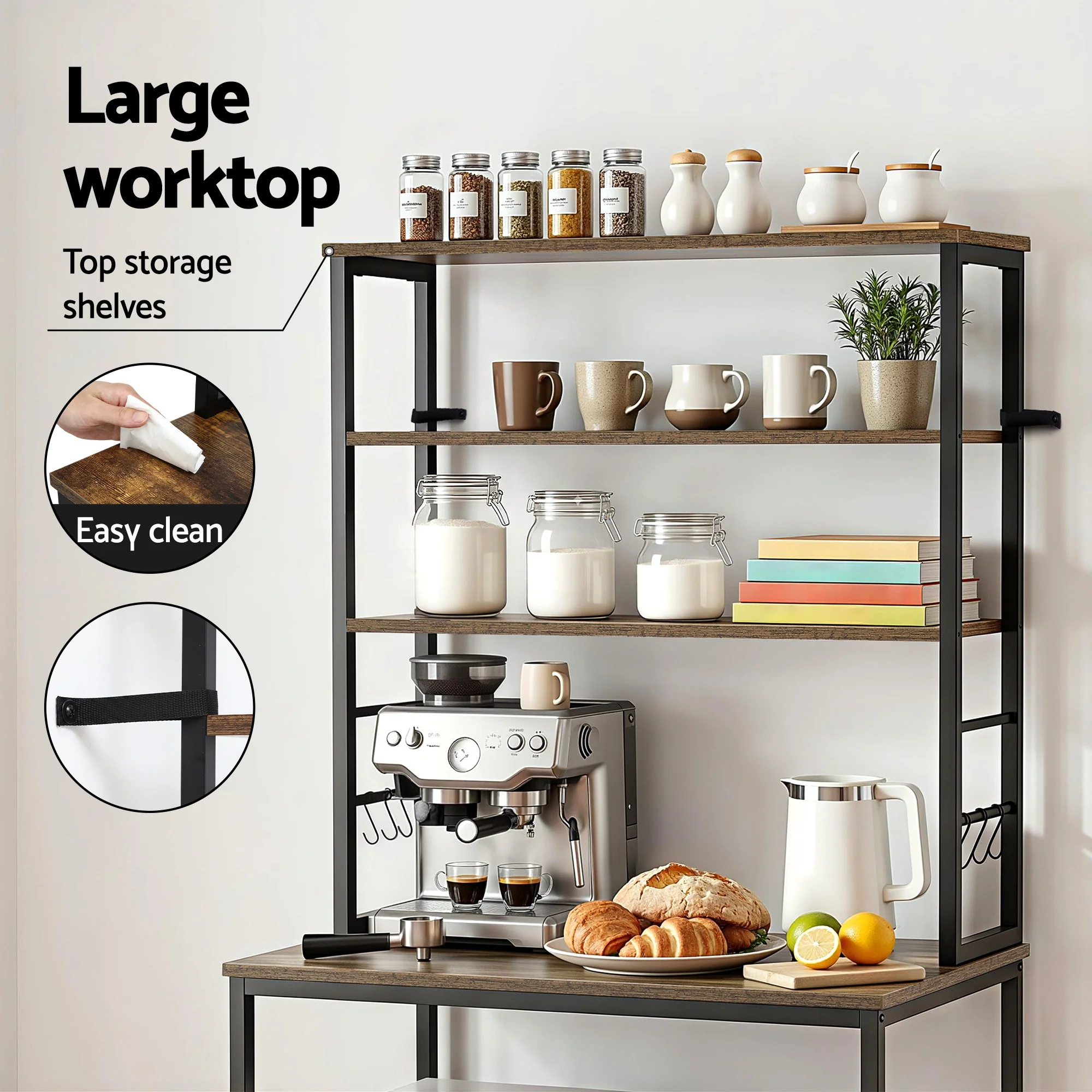 Artiss 6-Tier Kitchen Rack with 6 Hooks Microwave Storage Shelf 80cm x 167cm - Image 7