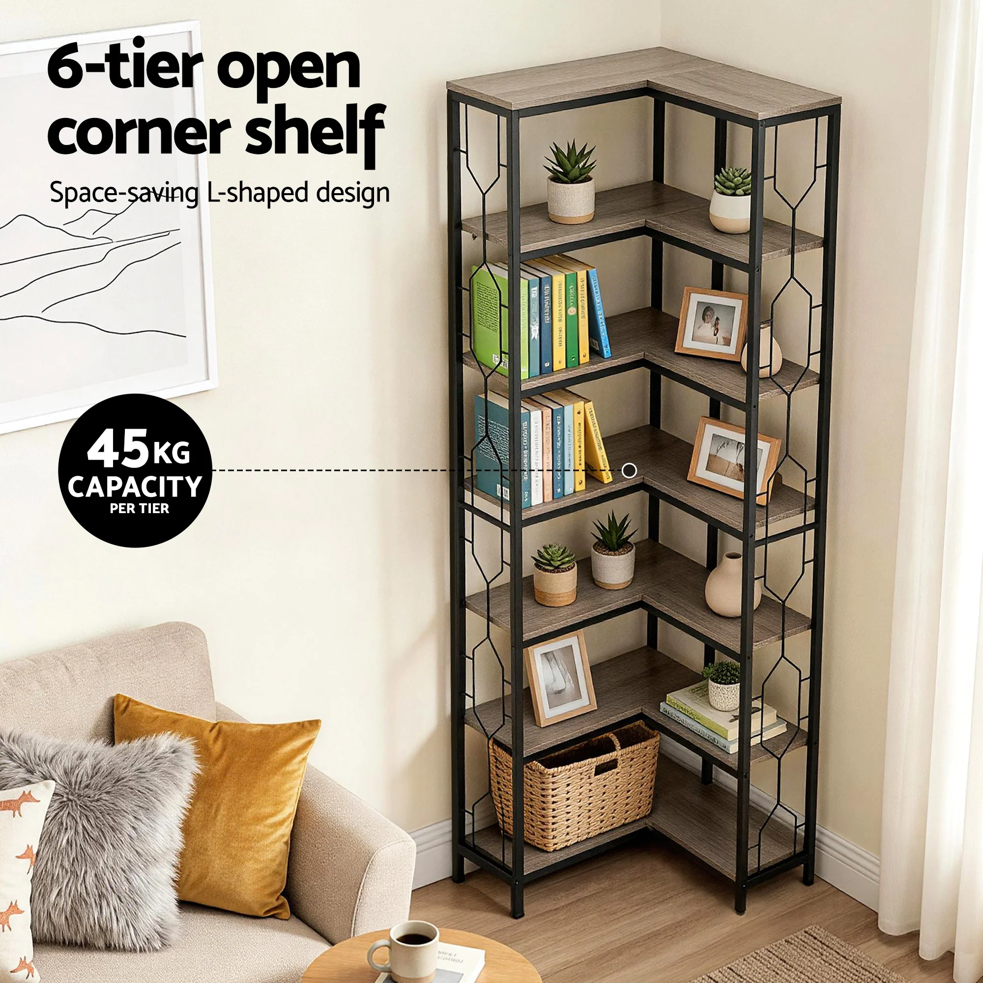 Artiss 6 Tiers Bookshelf Corner Shelf Bookcase Display Shelves Oak - Image 5