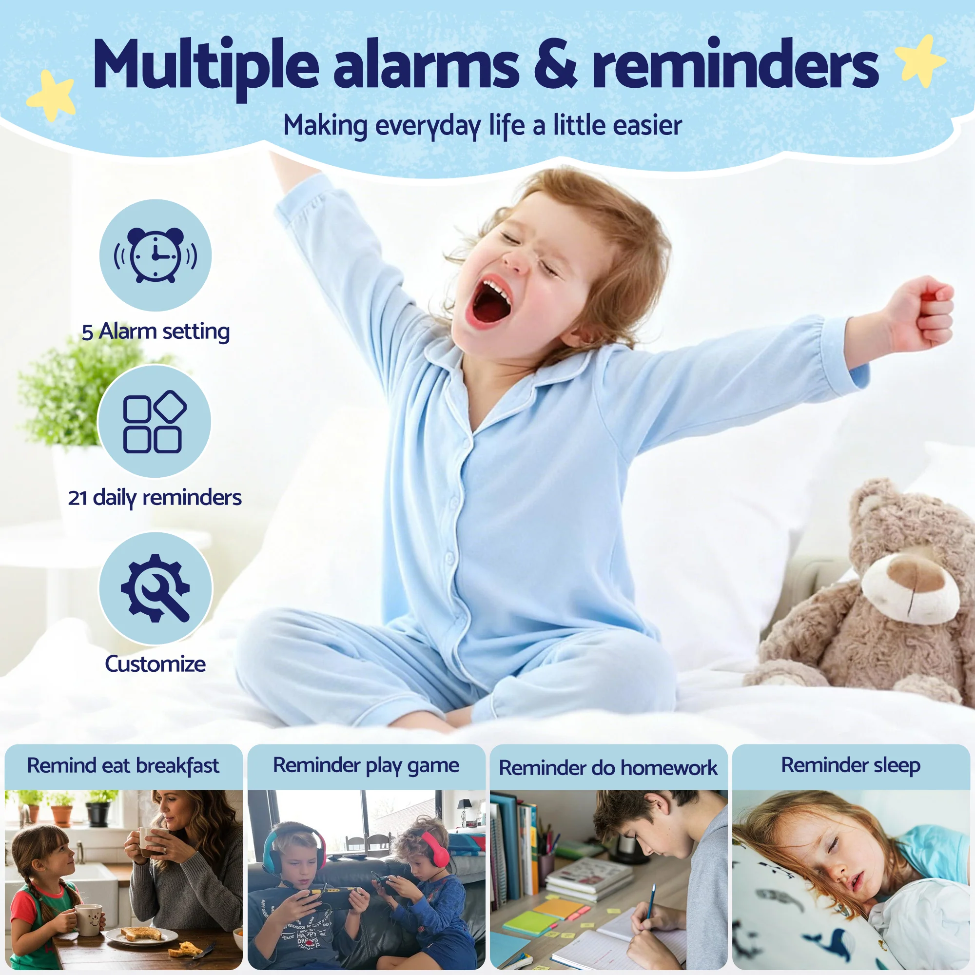 Artiss 7 Digital Day Clock Calendar Alarm LCD Children Sleep Trainer Clocks Blue - Image 5