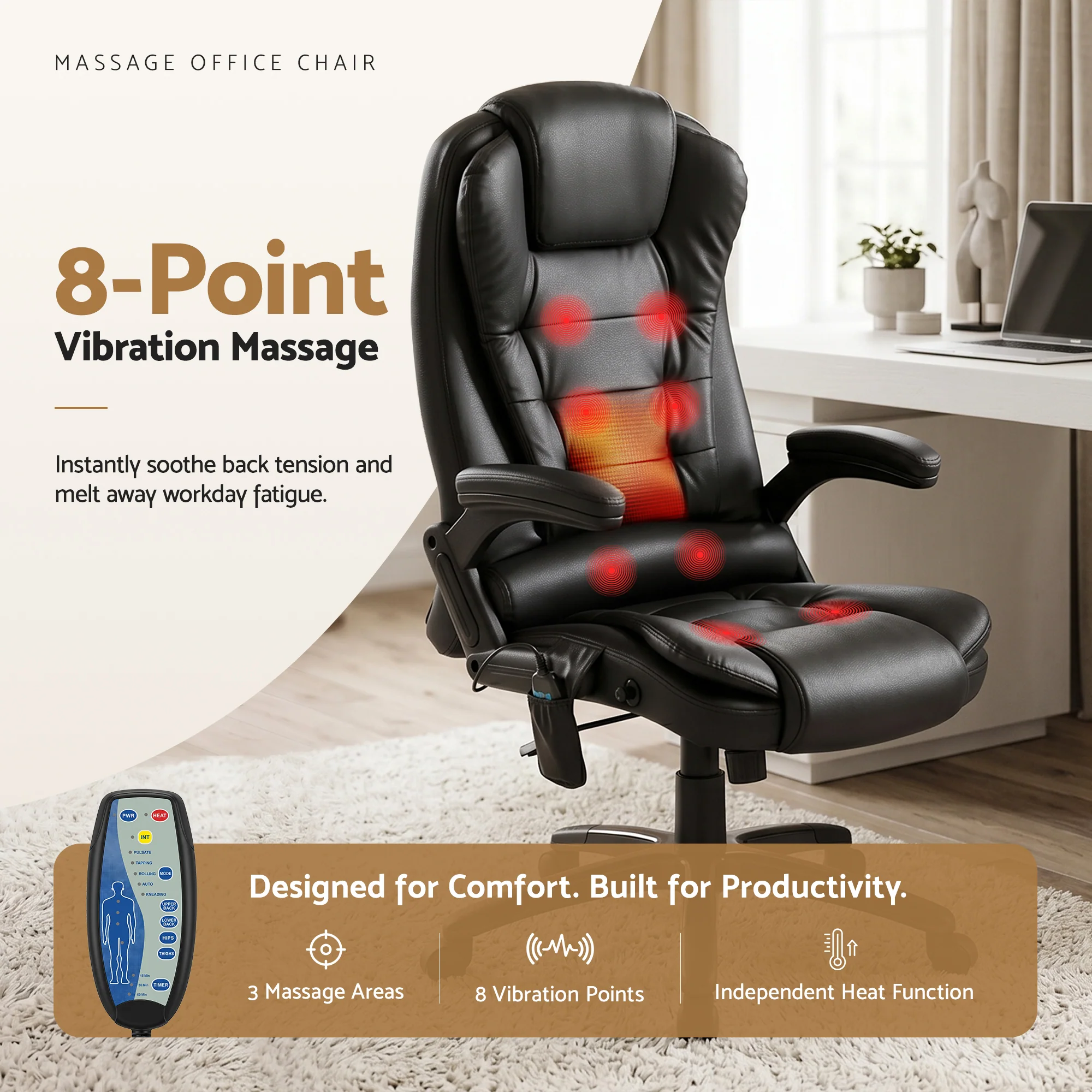 Artiss 8 Point Massage Office Chair Heated Seat Recliner PU Black - Image 5