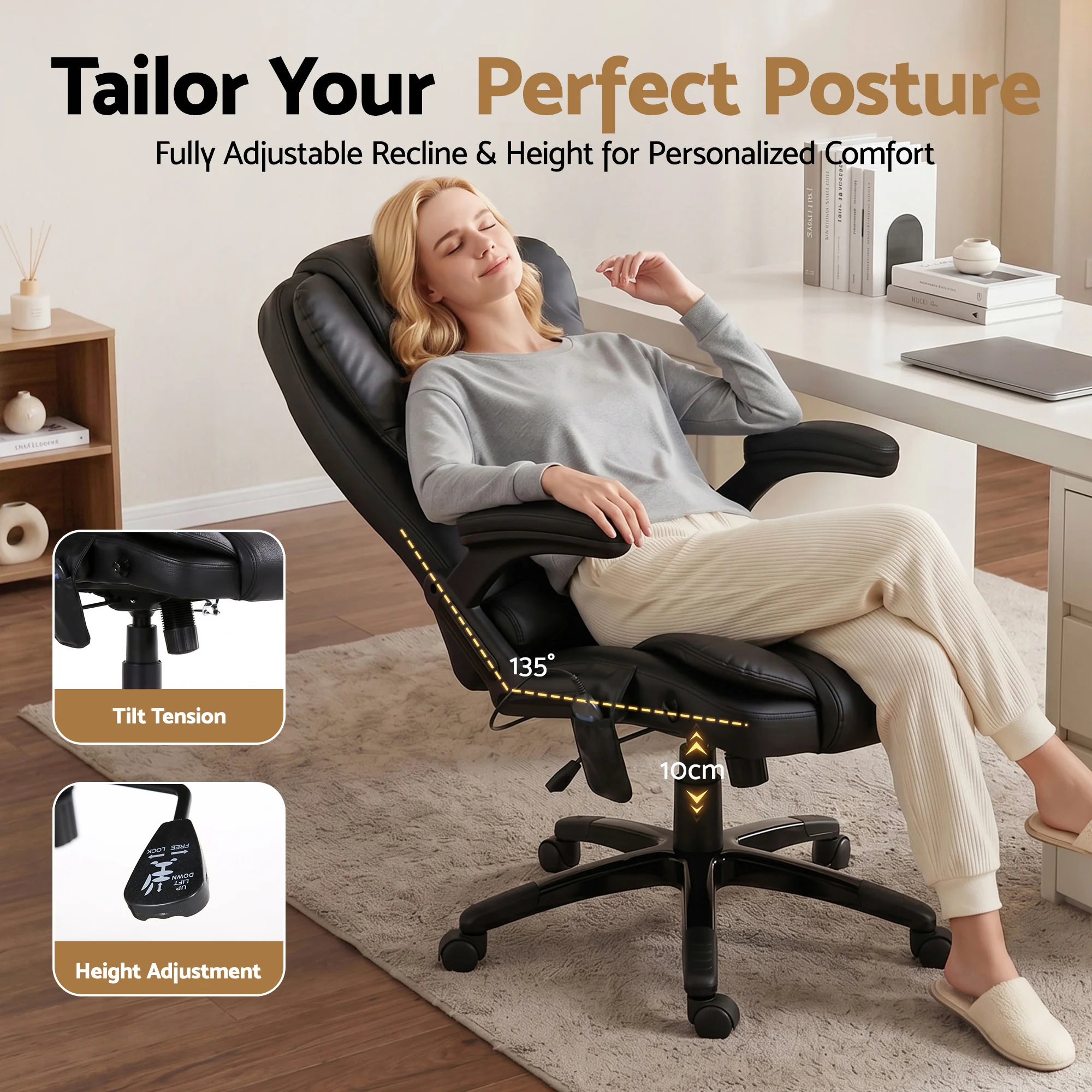 Artiss 8 Point Massage Office Chair Heated Seat Recliner PU Black - Image 6