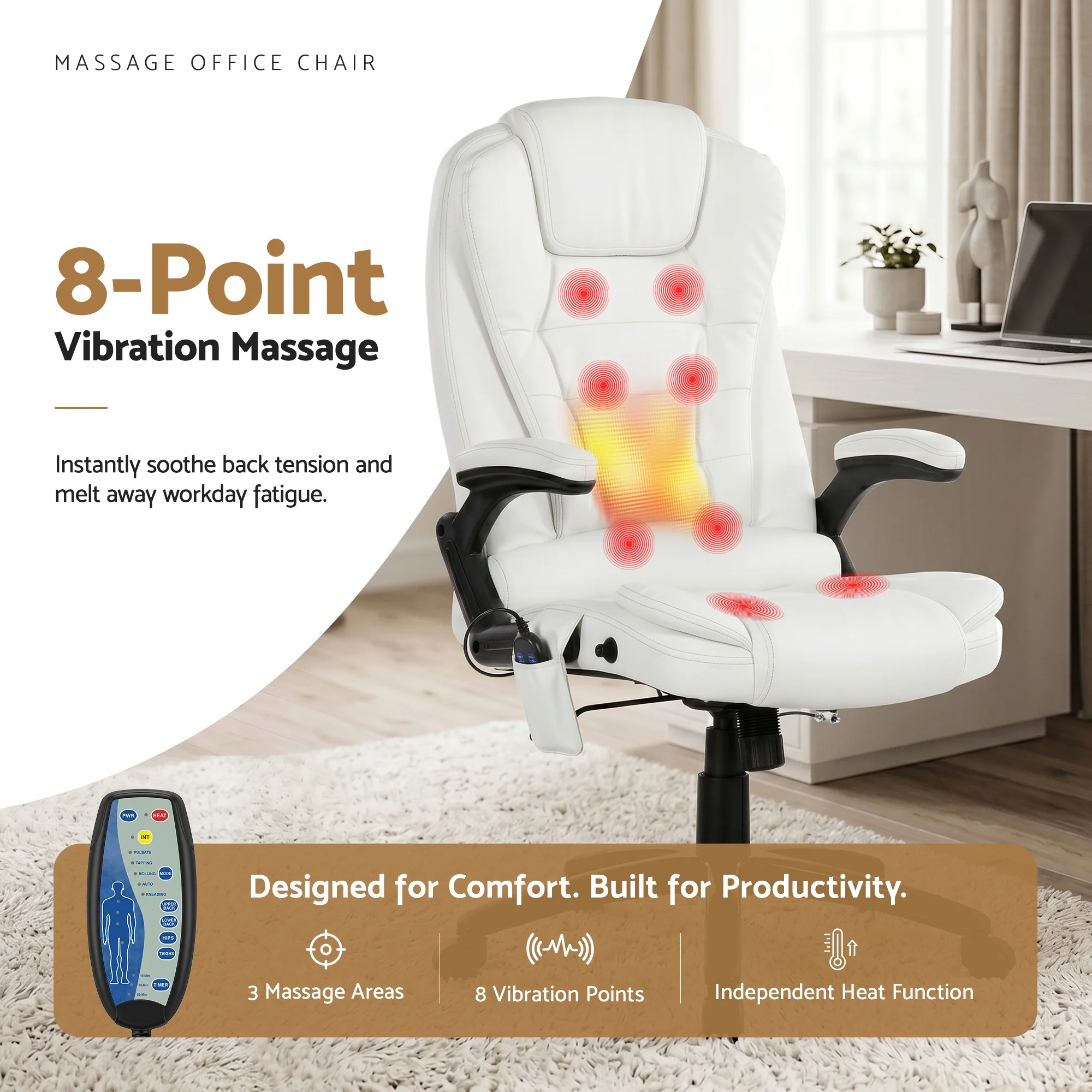 Artiss 8 Point Massage Office Chair Heated Seat Recliner PU White - Image 5