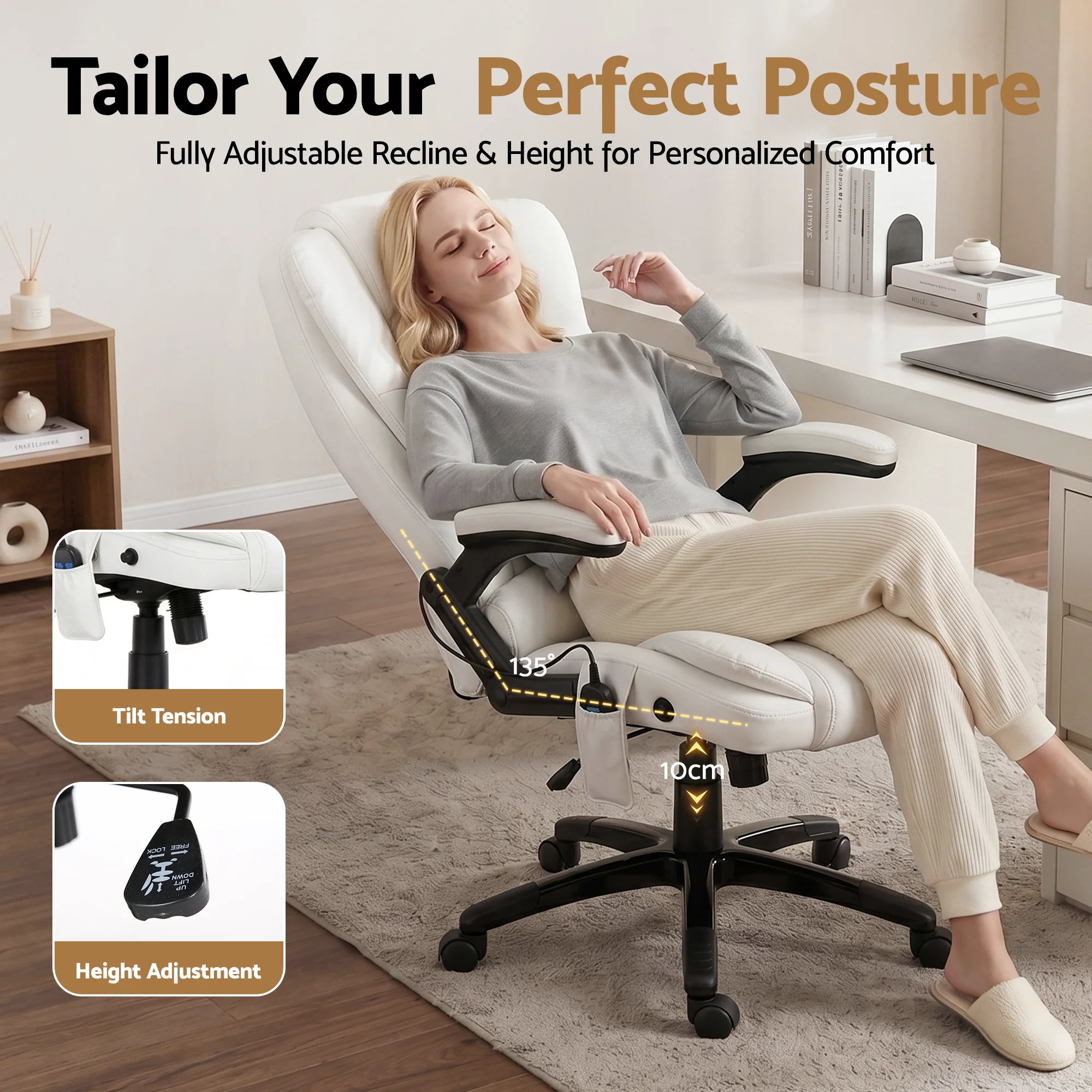 Artiss 8 Point Massage Office Chair Heated Seat Recliner PU White - Image 6