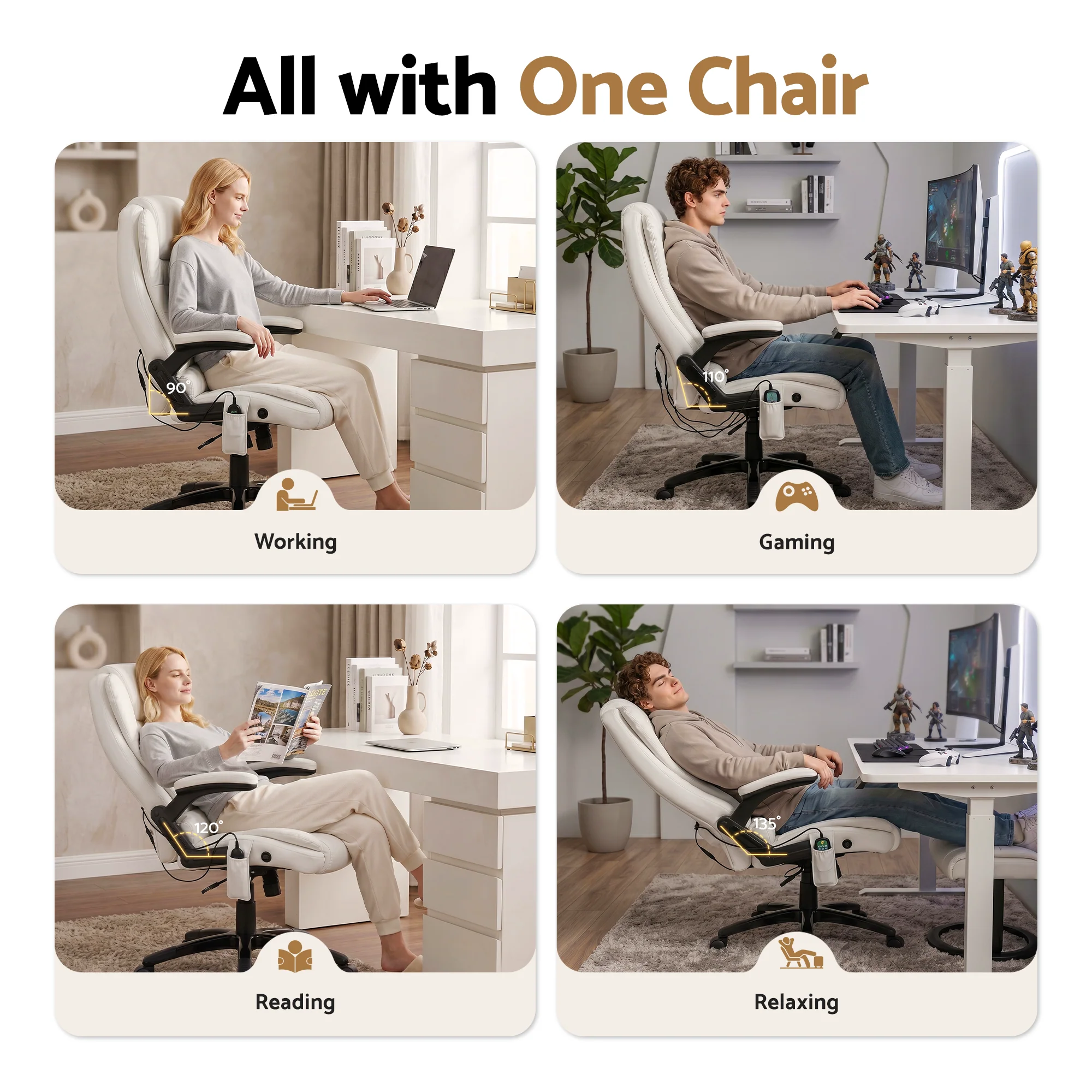 Artiss 8 Point Massage Office Chair Heated Seat Recliner PU White - Image 7