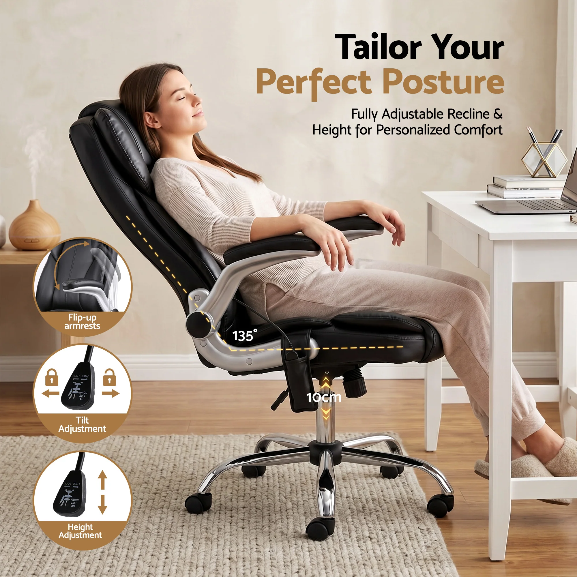 Artiss 8 Point Massage Office Chair PU Leather Black - Image 6