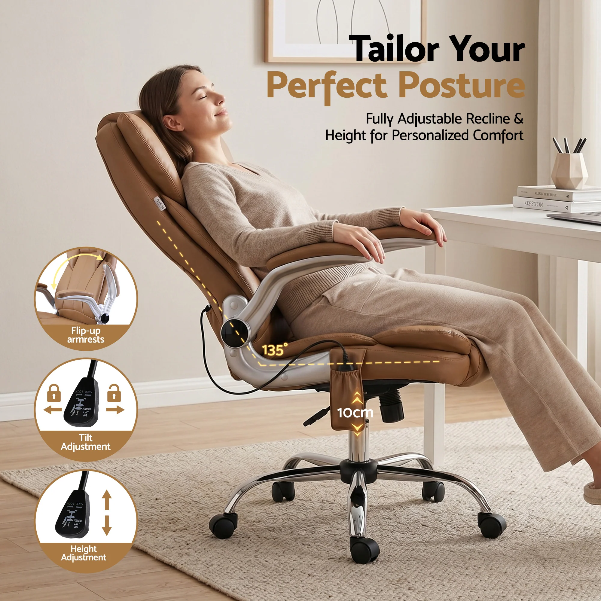Artiss 8 Point Massage Office Chair PU Leather Brown - Image 6