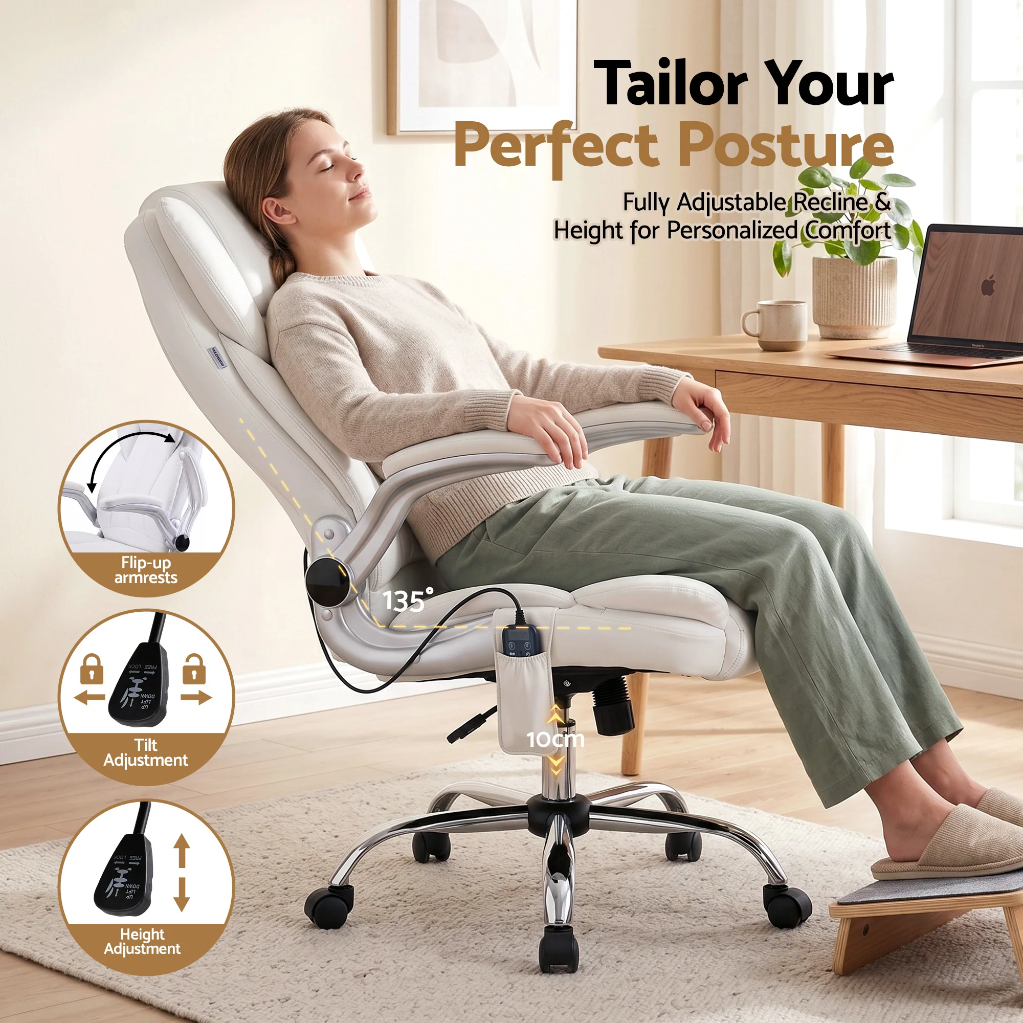 Artiss 8 Point Massage Office Chair PU Leather White - Image 6