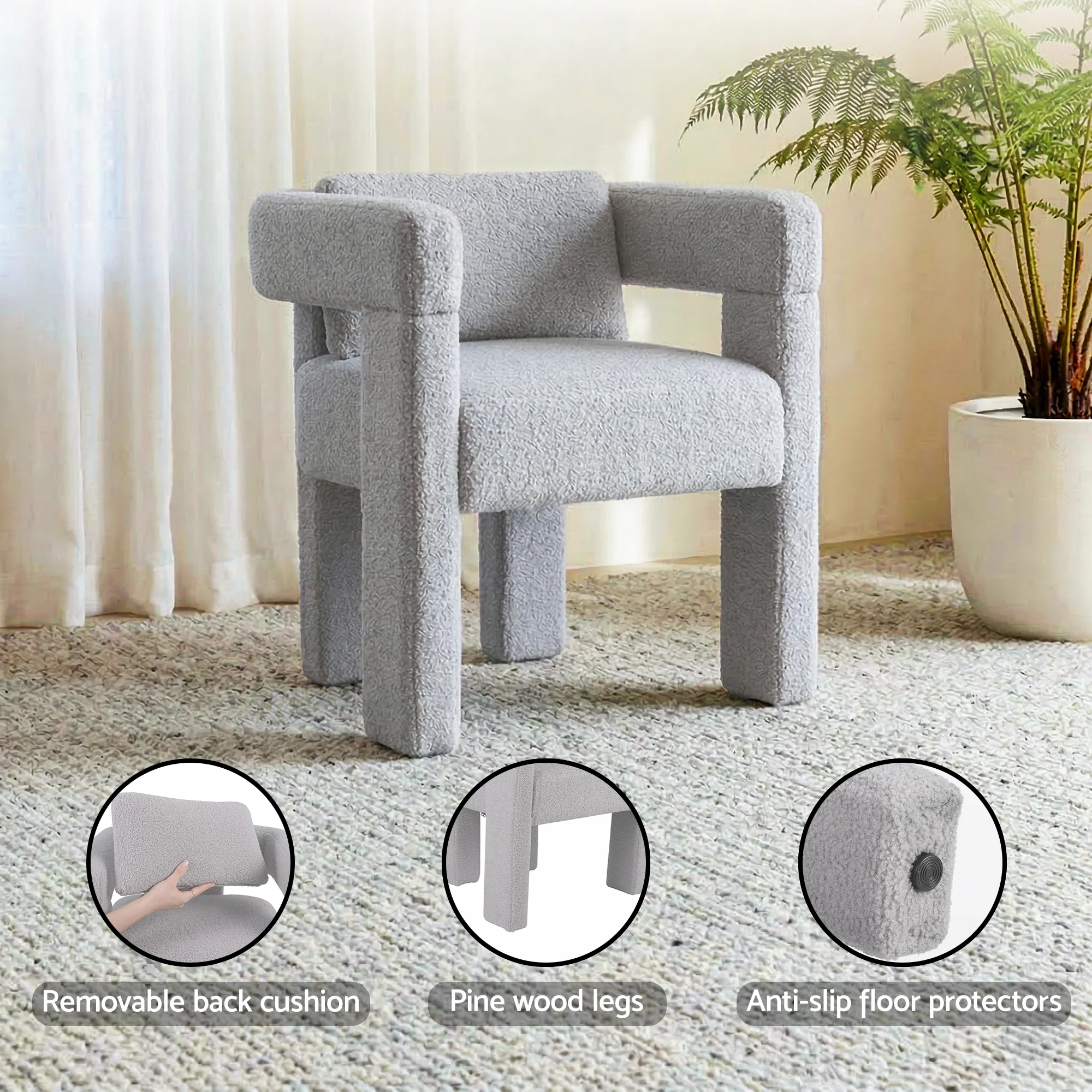 Artiss Armchair Accent Chair Lounge Sofa Couch Boucle Fabric Grey - Image 6