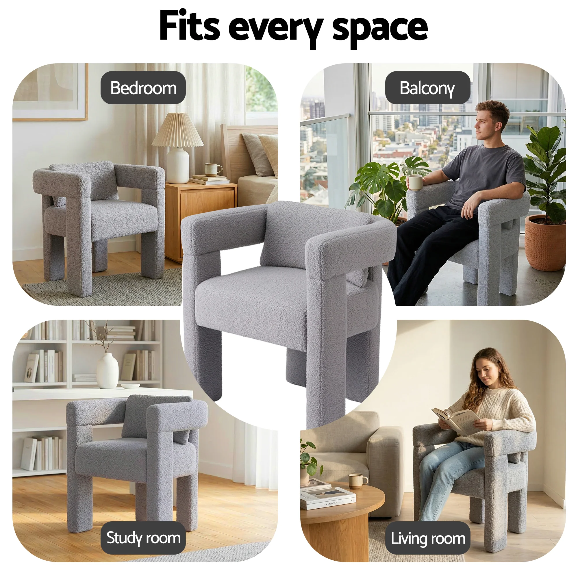 Artiss Armchair Accent Chair Lounge Sofa Couch Boucle Fabric Grey - Image 7