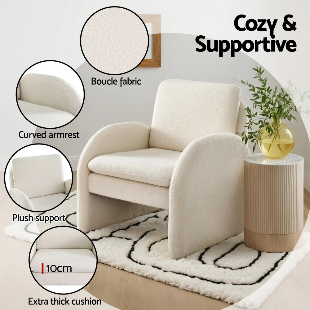 Artiss Armchair Accent Chair Lounge Tub Sofa Couch Curved Arm Seat Boucle White - Image 5