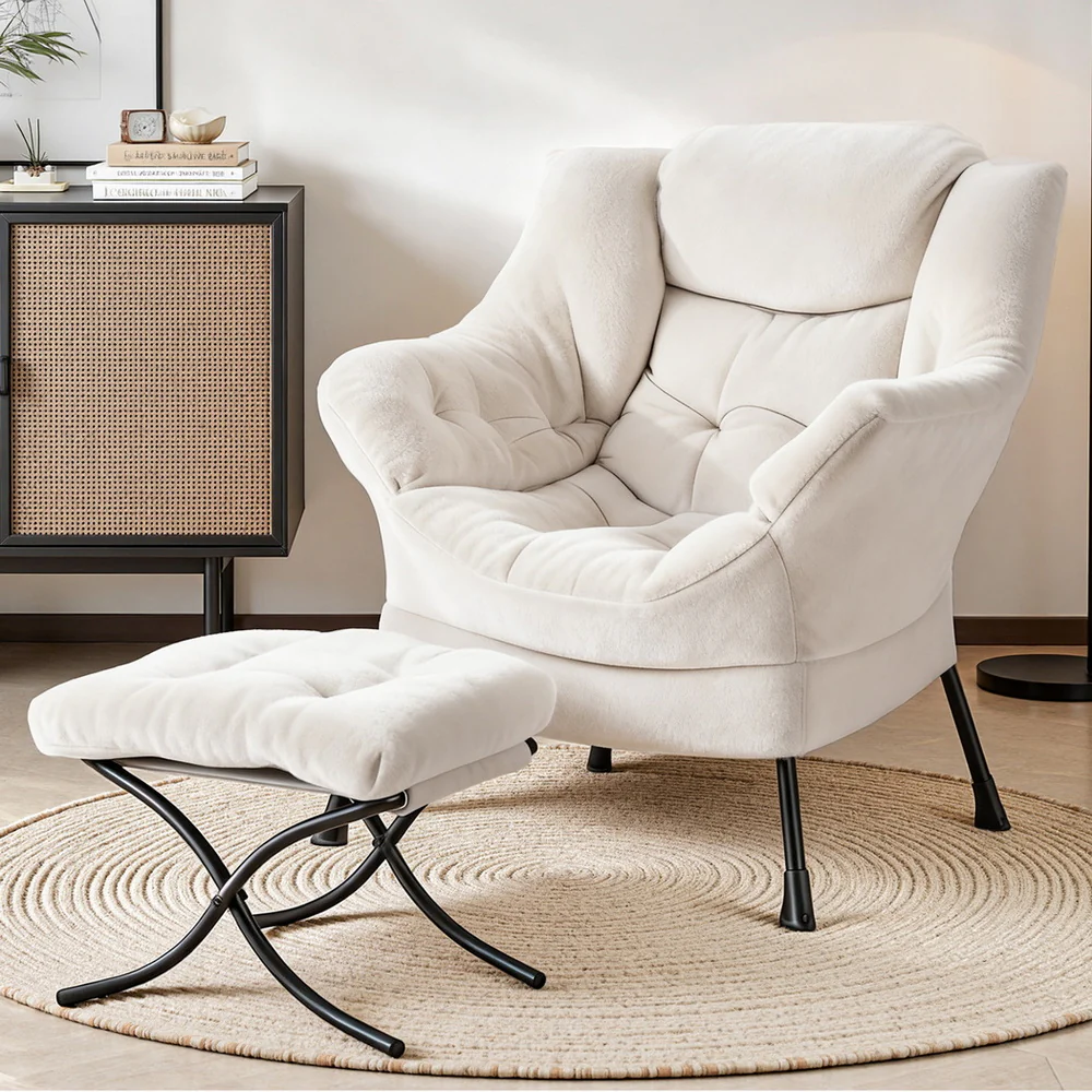 Artiss Armchair Accent Chair Ottoman Lounge Footrest Velvet White - Image 7