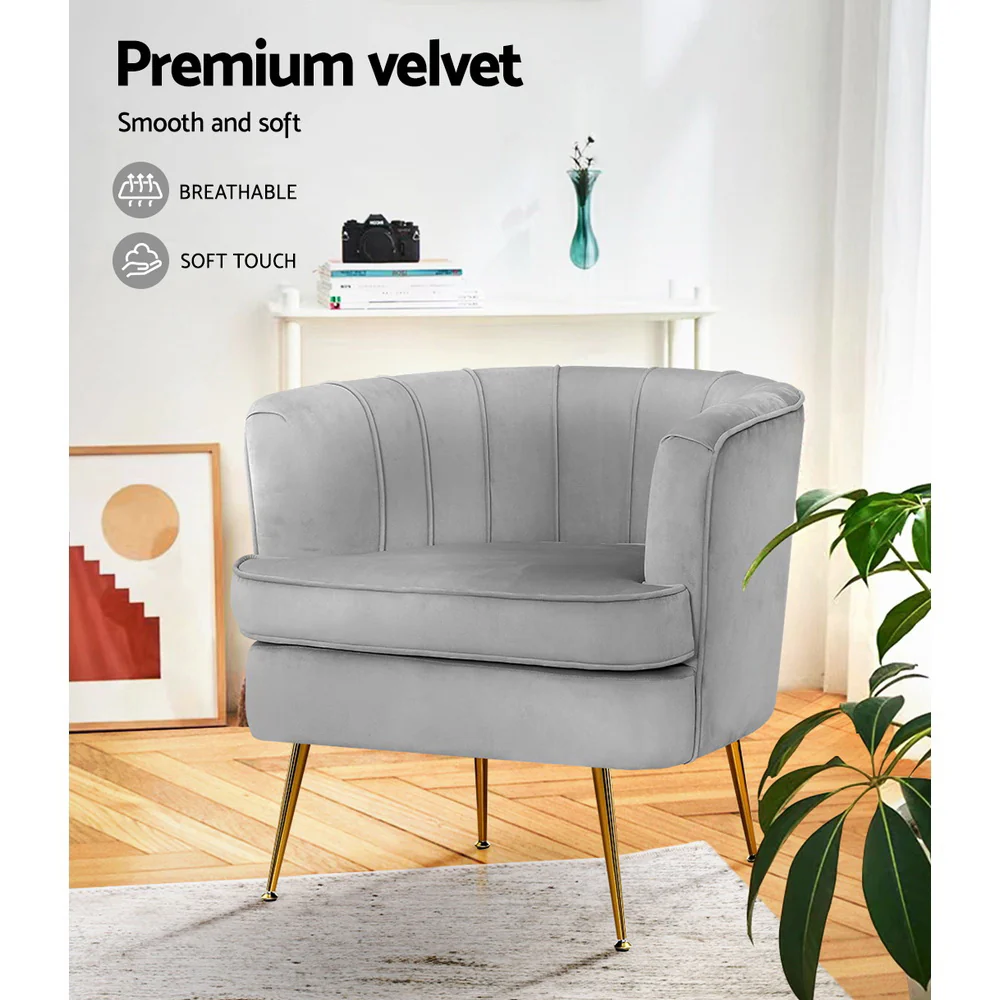 Artiss Armchair Lounge Accent Chair Armchairs Sofa Chairs Velvet Grey Couch - Image 5