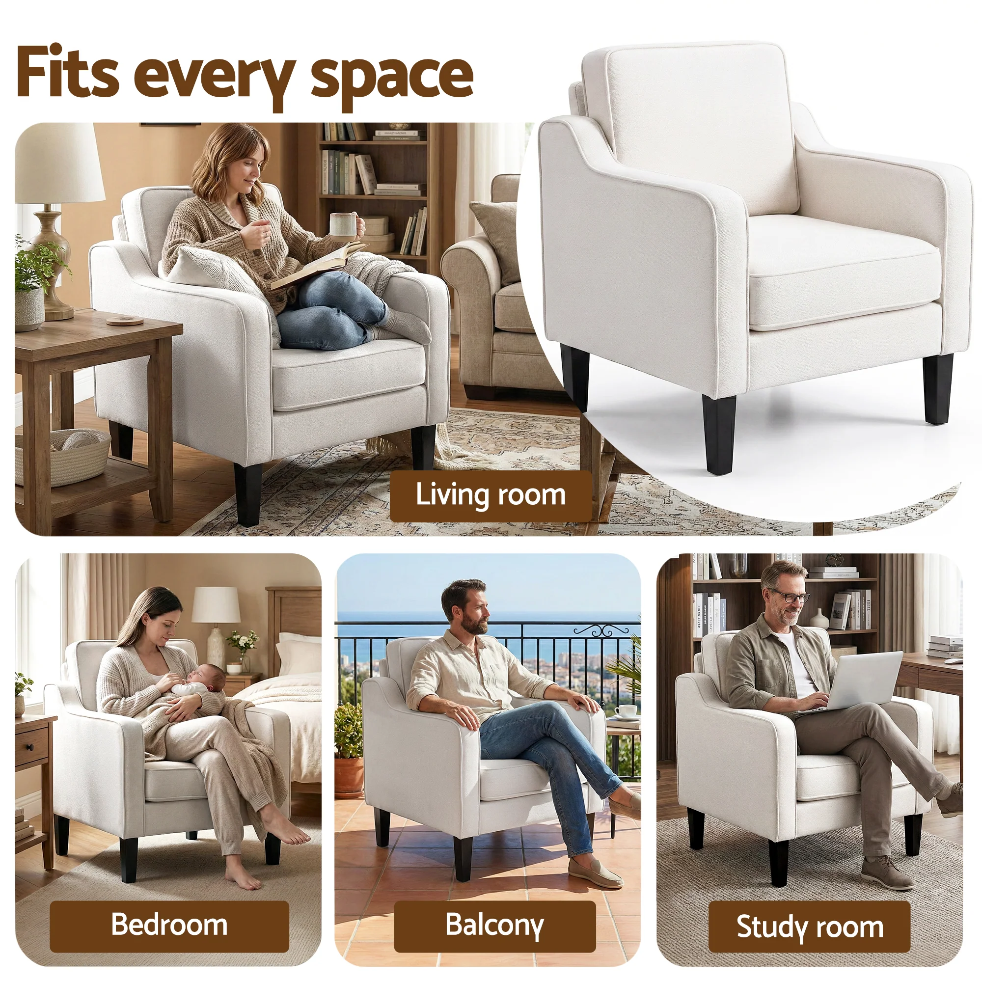 Artiss Armchair Lounge Accent Chair Linen Fabric Beige - Image 7