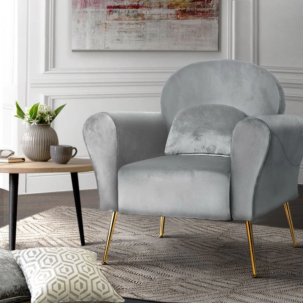 Artiss Armchair Lounge Chair Accent Armchairs Chairs Sofa Grey Velvet Cushion - Image 8