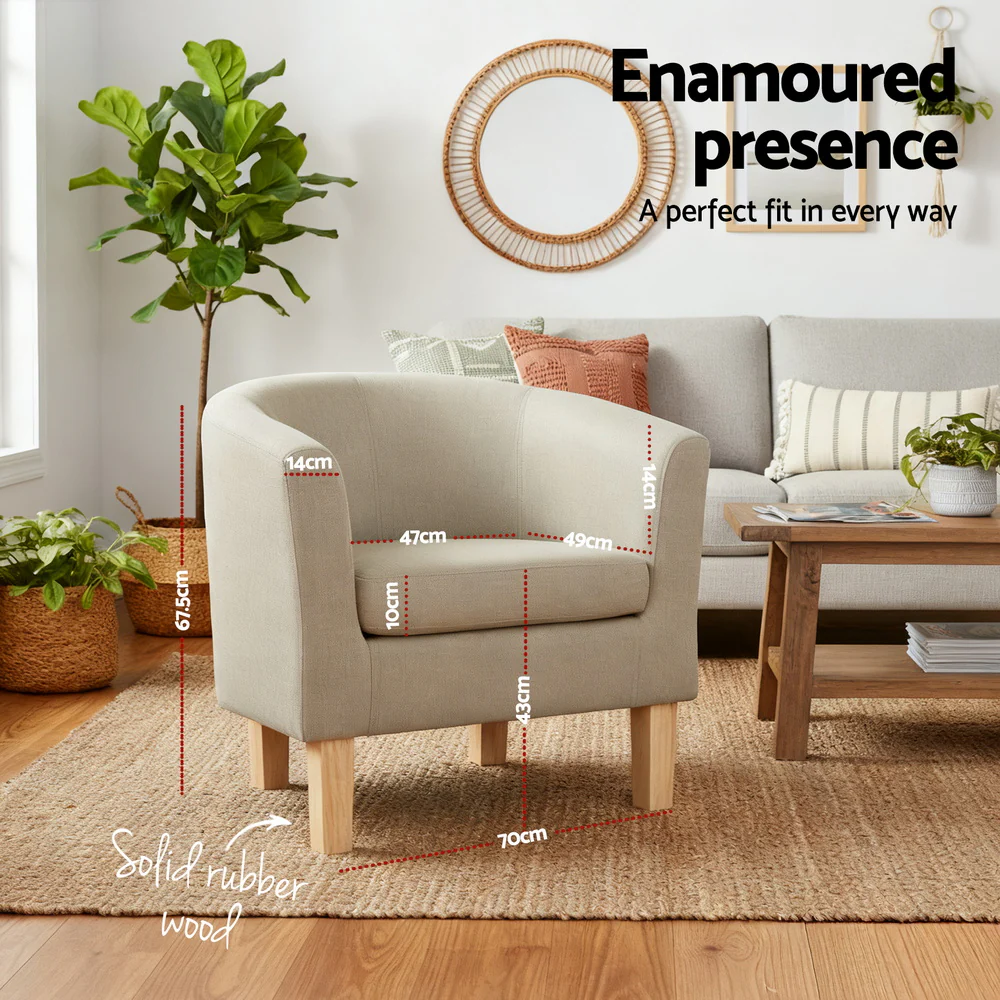 Artiss Armchair Lounge Chair Tub Accent Armchairs Fabric Sofa Chairs Beige - Image 3