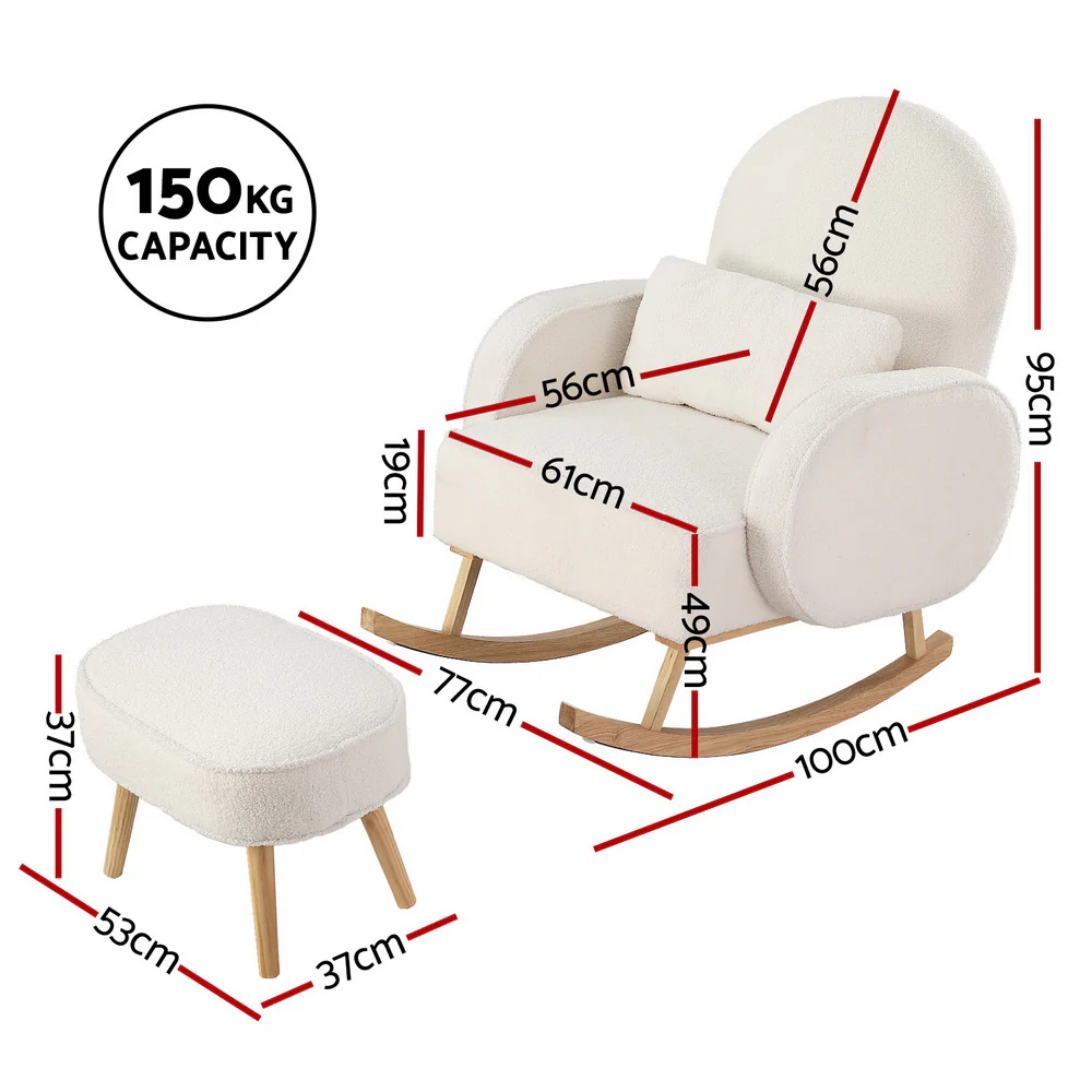 Artiss Armchair Rocking Chair Ottoman Lounge Footrest Round Nursing Boucle White - Image 2