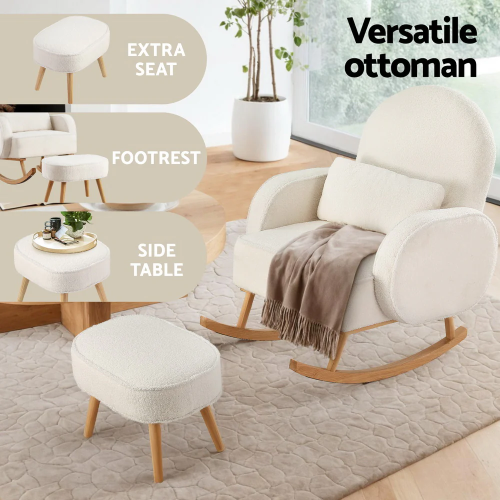 Artiss Armchair Rocking Chair Ottoman Lounge Footrest Round Nursing Boucle White - Image 5