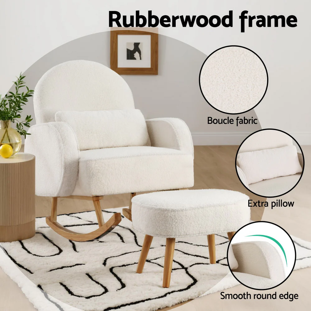 Artiss Armchair Rocking Chair Ottoman Lounge Footrest Round Nursing Boucle White - Image 6