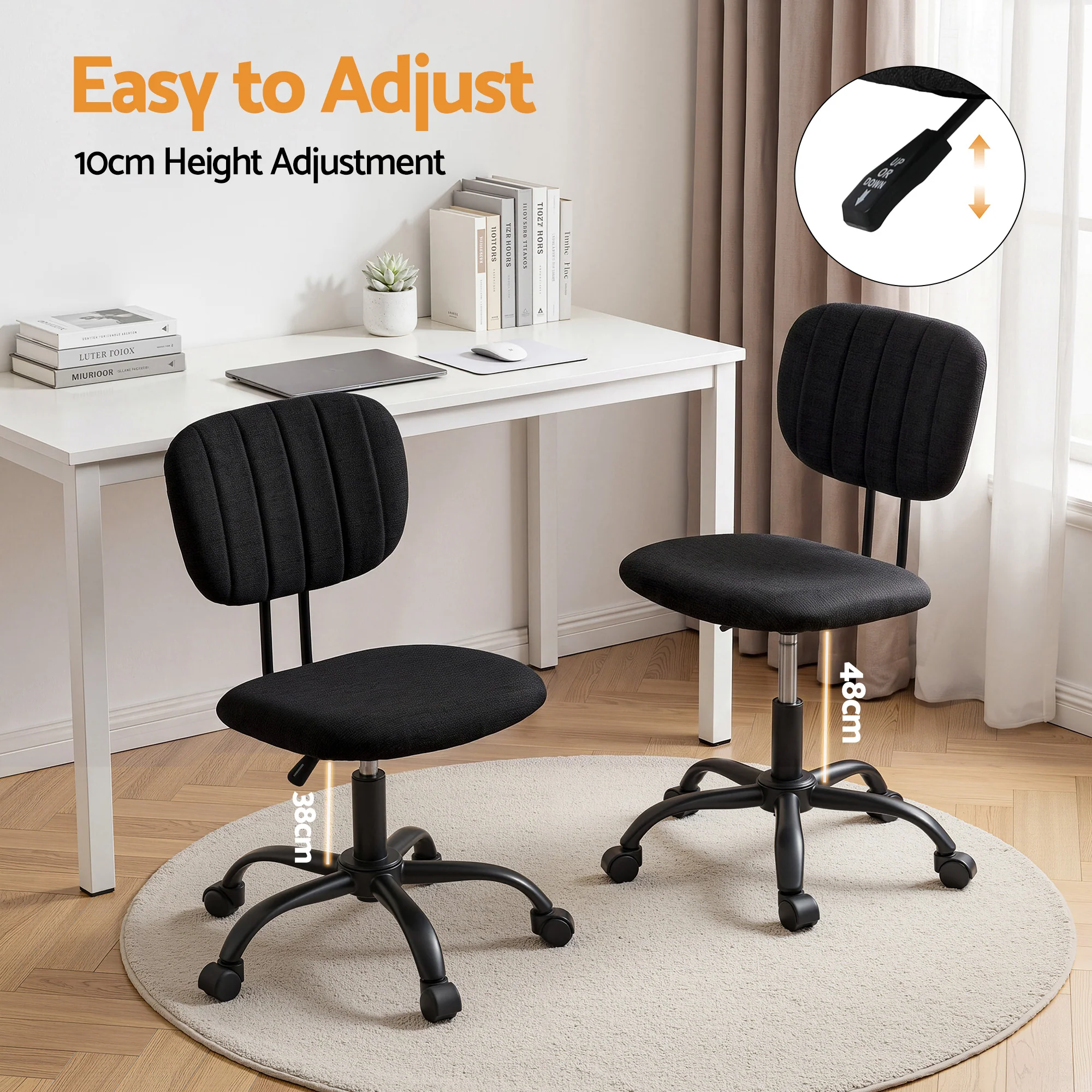 Artiss Armless Office Chair with Wheels, Ergonomic 360? Swivel Home Office Desk Chair, Height Adjustable Computer Task Chair with Fabric Back and Seat for Small Space, Black - Image 5