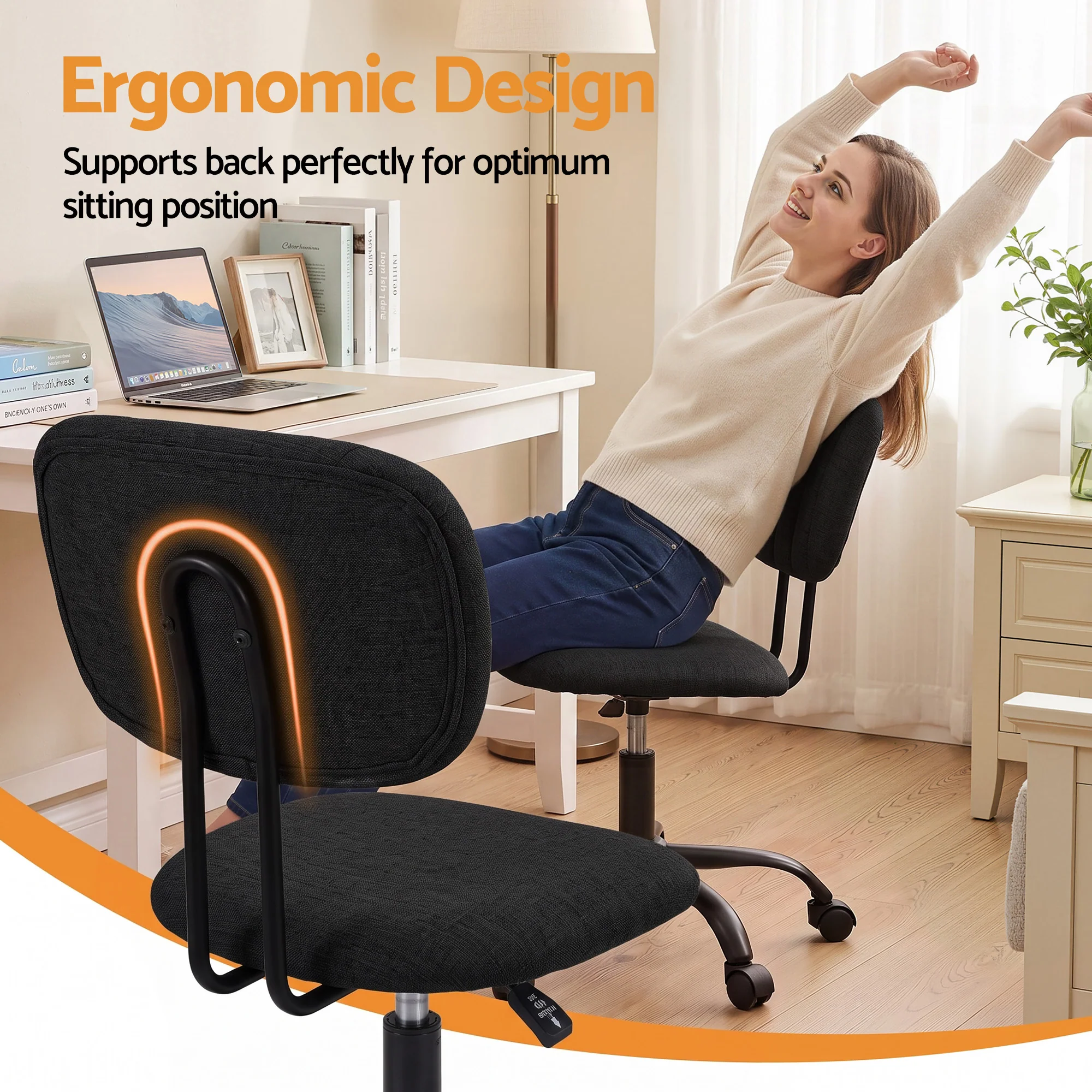 Artiss Armless Office Chair with Wheels, Ergonomic 360? Swivel Home Office Desk Chair, Height Adjustable Computer Task Chair with Fabric Back and Seat for Small Space, Black - Image 6