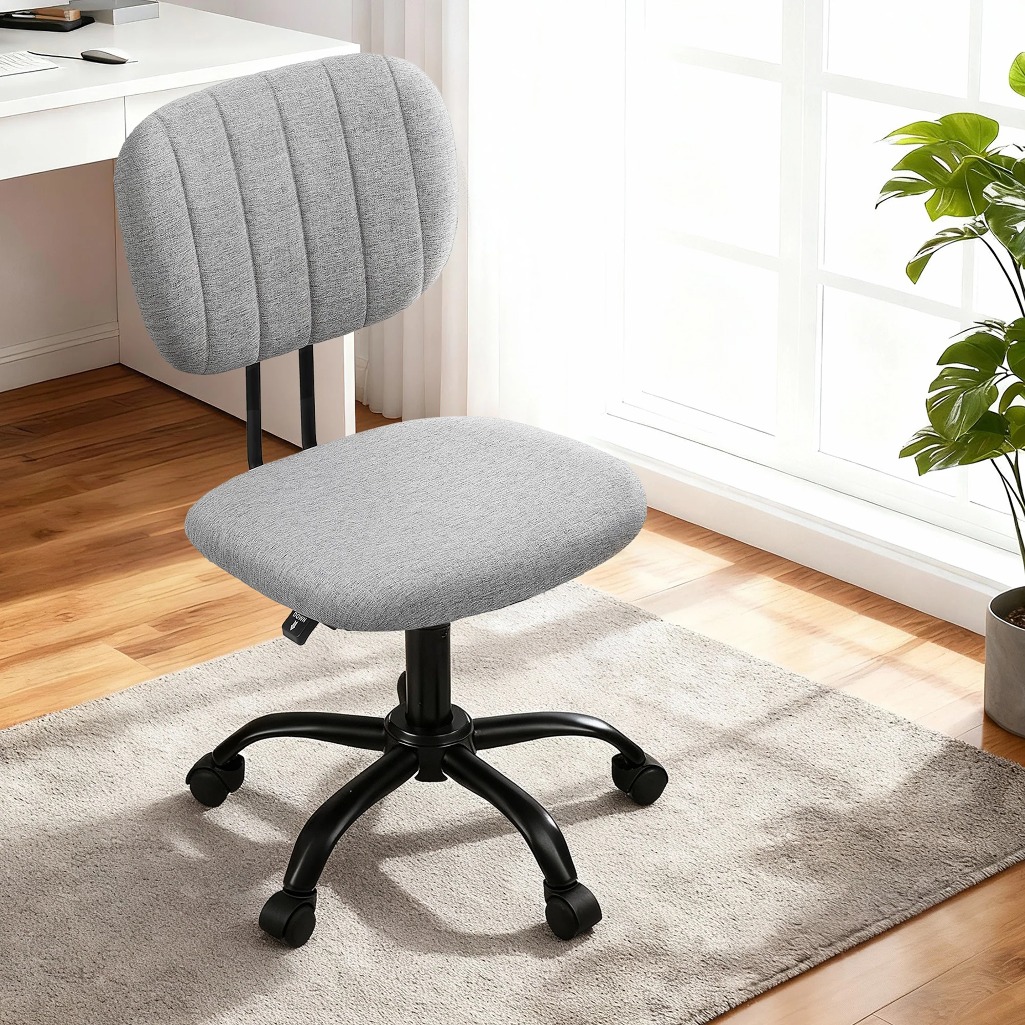 Artiss Armless Office Chair with Wheels, Ergonomic 360? Swivel Home Office Desk Chair, Height Adjustable Computer Task Chair with Fabric Back and Seat for Small Space, Grey