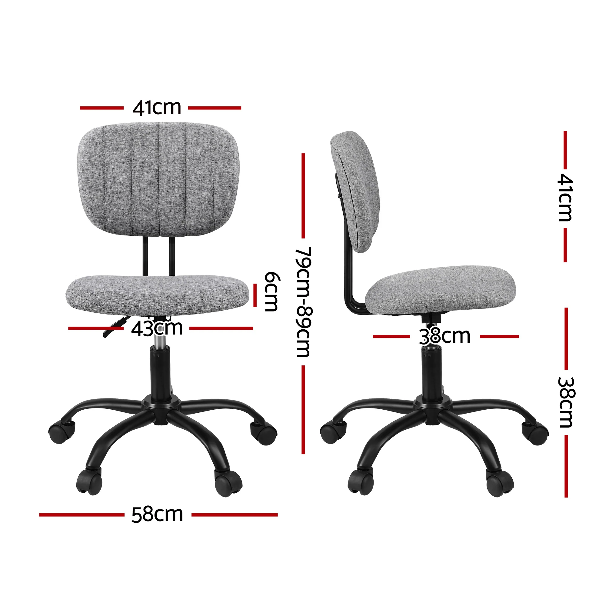 Artiss Armless Office Chair with Wheels, Ergonomic 360? Swivel Home Office Desk Chair, Height Adjustable Computer Task Chair with Fabric Back and Seat for Small Space, Grey - Image 3