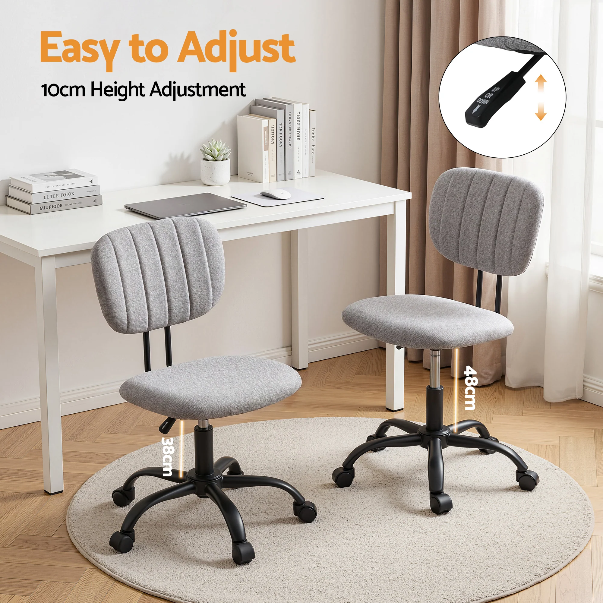 Artiss Armless Office Chair with Wheels, Ergonomic 360? Swivel Home Office Desk Chair, Height Adjustable Computer Task Chair with Fabric Back and Seat for Small Space, Grey - Image 5