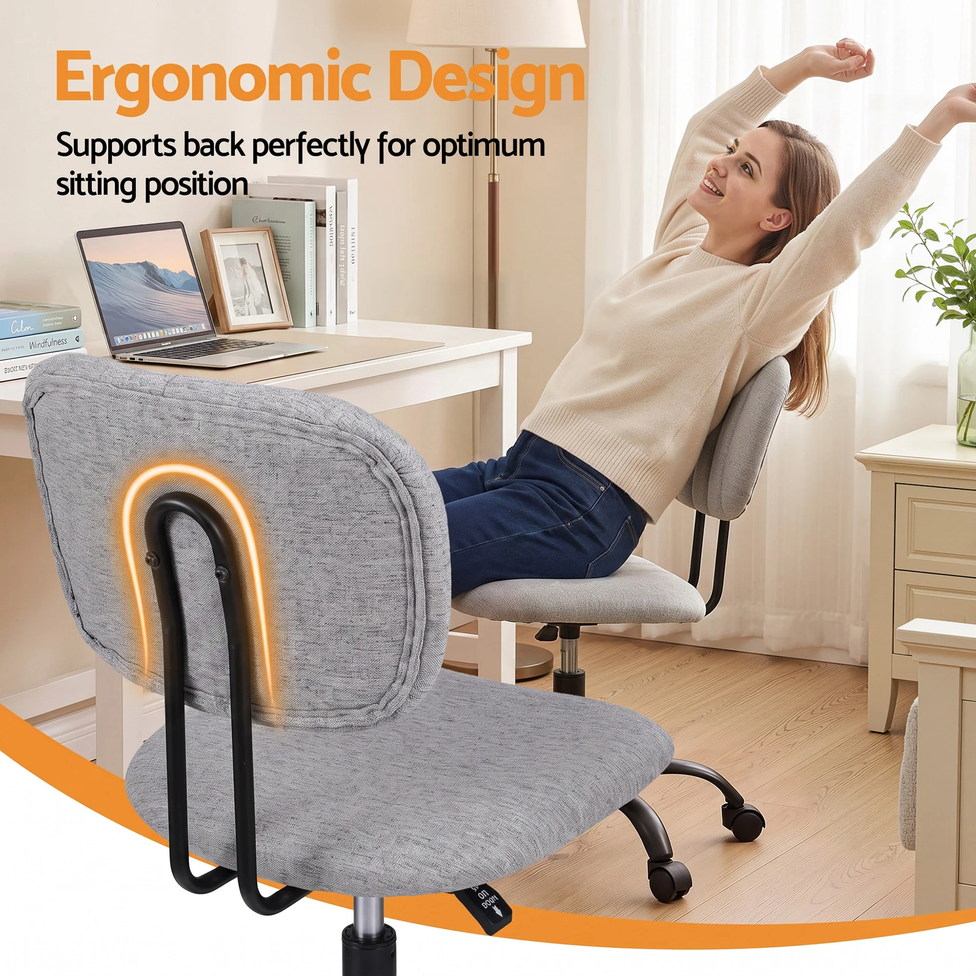Artiss Armless Office Chair with Wheels, Ergonomic 360? Swivel Home Office Desk Chair, Height Adjustable Computer Task Chair with Fabric Back and Seat for Small Space, Grey - Image 6