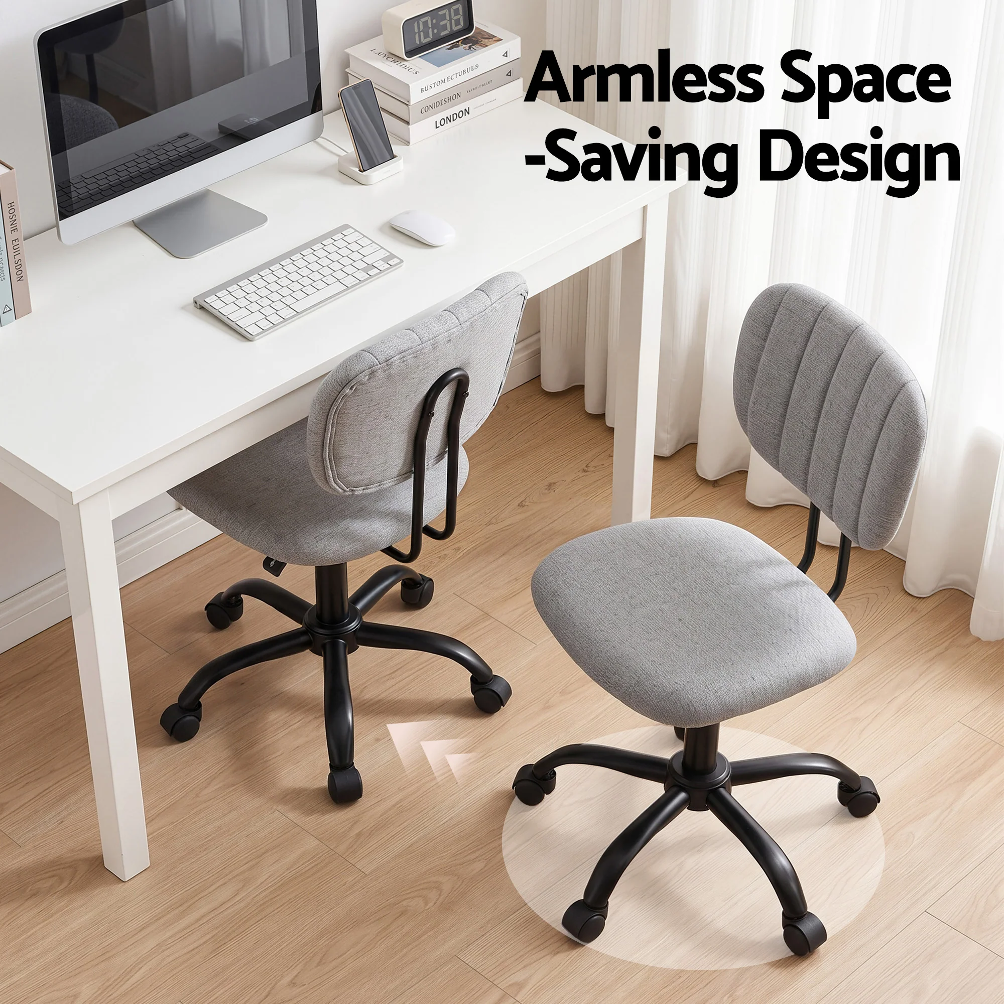 Artiss Armless Office Chair with Wheels, Ergonomic 360? Swivel Home Office Desk Chair, Height Adjustable Computer Task Chair with Fabric Back and Seat for Small Space, Grey - Image 7