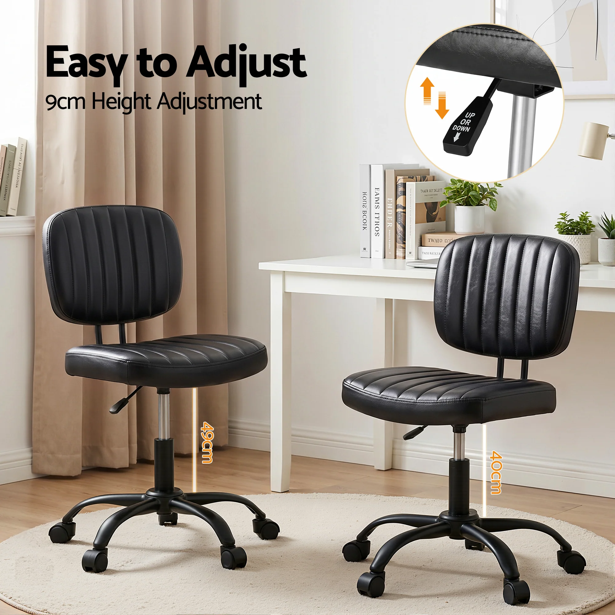 Artiss Armless Office Chair with Wheels, Ergonomic PU Leather Office Desk Chair, Height Adjustable 360? Swivel Computer Task Chair for Home Office, Study Room & Small Space, Black - Image 6