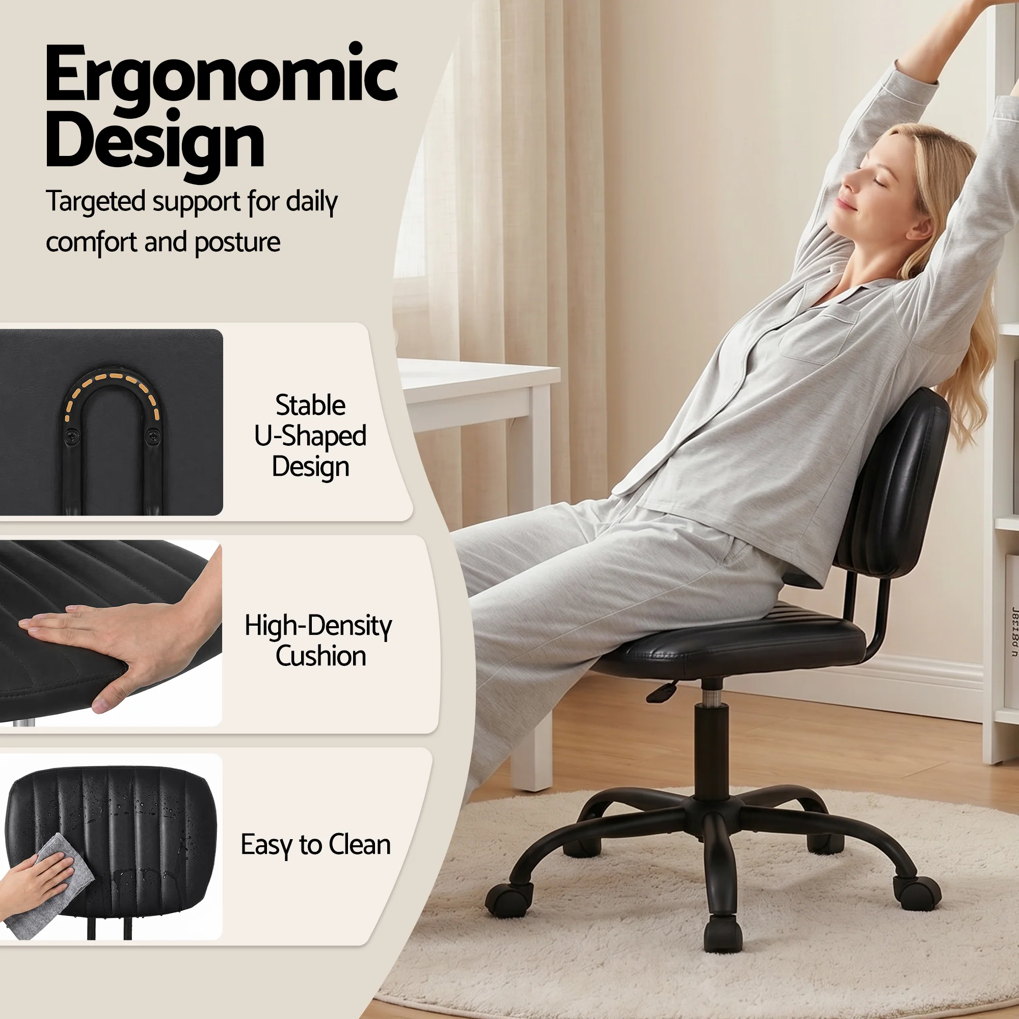 Artiss Armless Office Chair with Wheels, Ergonomic PU Leather Office Desk Chair, Height Adjustable 360? Swivel Computer Task Chair for Home Office, Study Room & Small Space, Black - Image 7
