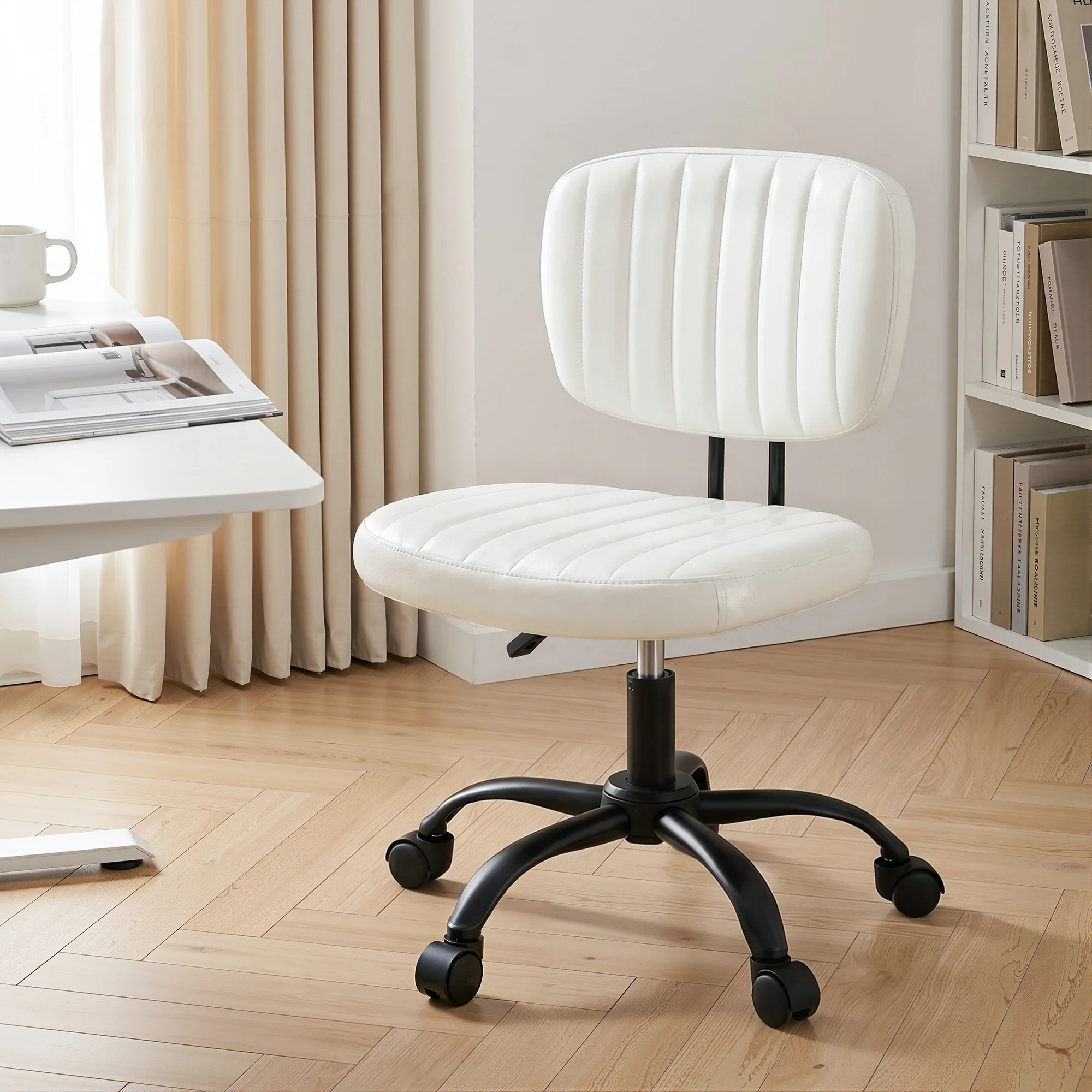 Artiss Armless Office Chair with Wheels, Ergonomic PU Leather Office Desk Chair, Height Adjustable 360? Swivel Computer Task Chair for Home Office, Study Room & Small Space, White