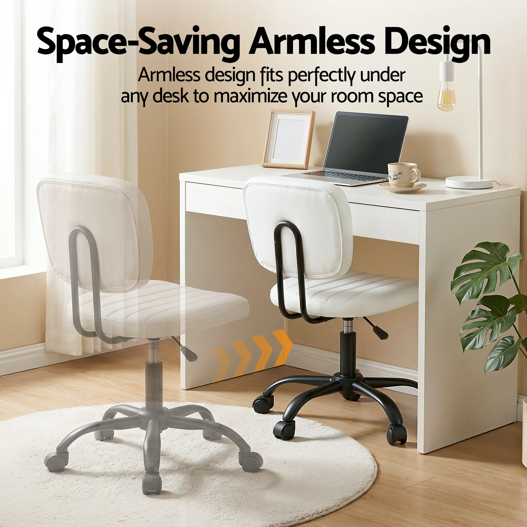 Artiss Armless Office Chair with Wheels, Ergonomic PU Leather Office Desk Chair, Height Adjustable 360? Swivel Computer Task Chair for Home Office, Study Room & Small Space, White - Image 5