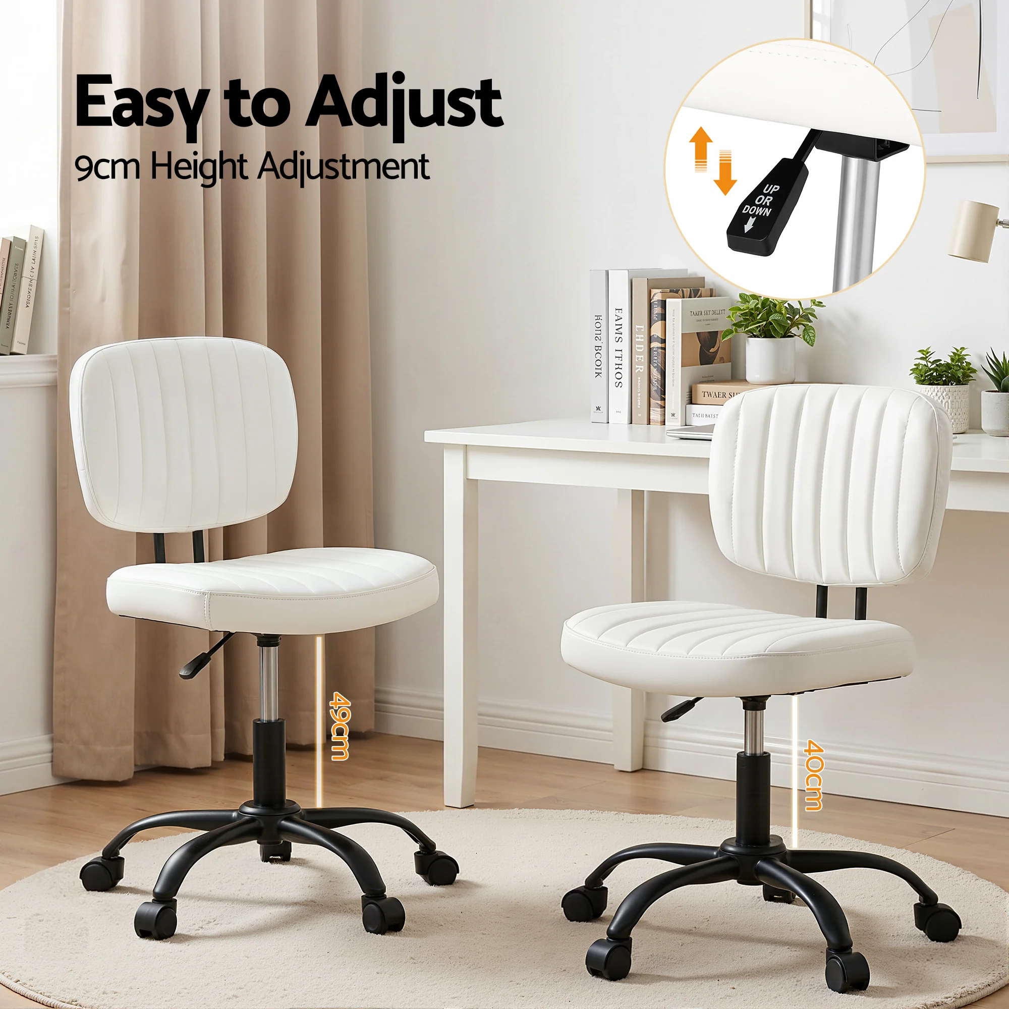 Artiss Armless Office Chair with Wheels, Ergonomic PU Leather Office Desk Chair, Height Adjustable 360? Swivel Computer Task Chair for Home Office, Study Room & Small Space, White - Image 6