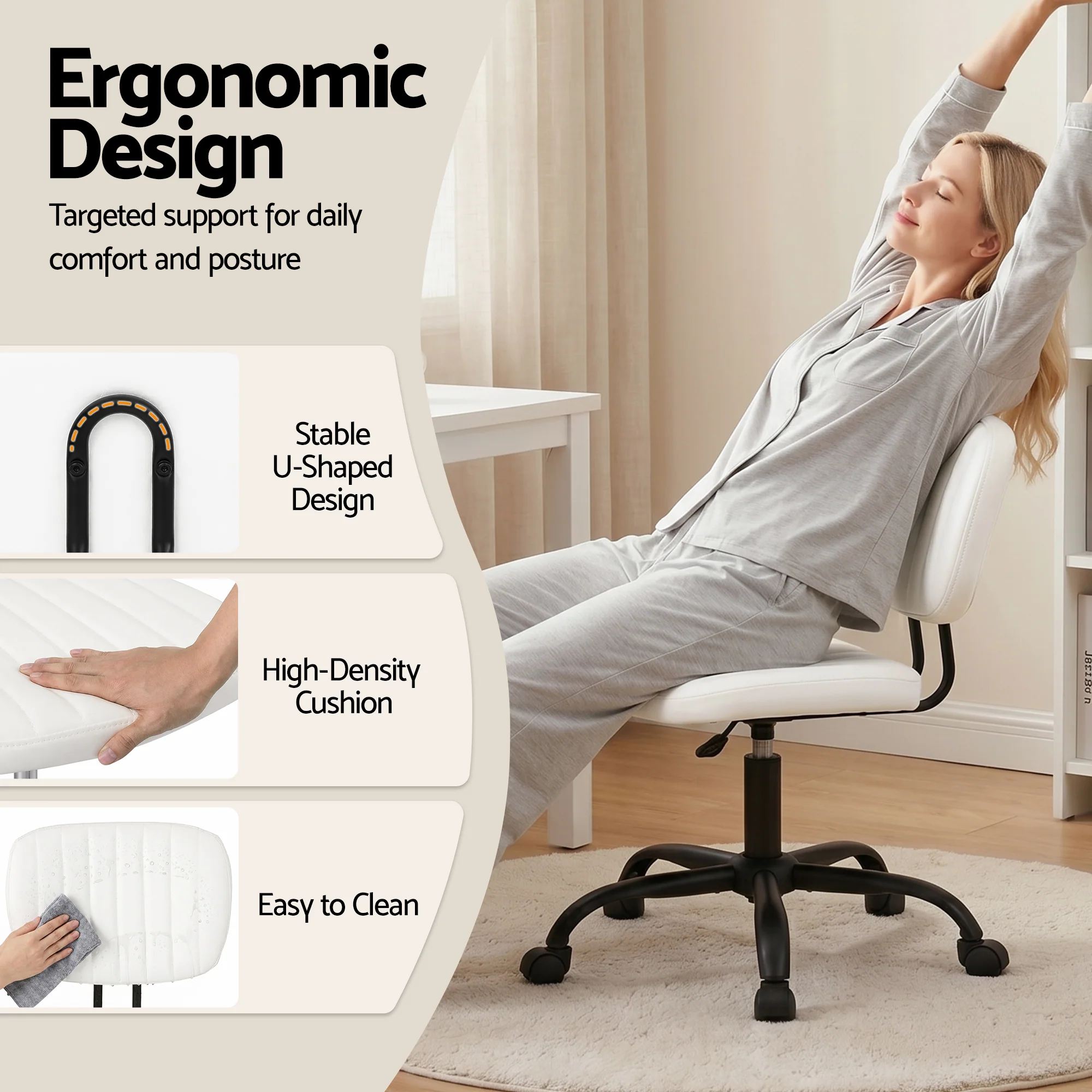 Artiss Armless Office Chair with Wheels, Ergonomic PU Leather Office Desk Chair, Height Adjustable 360? Swivel Computer Task Chair for Home Office, Study Room & Small Space, White - Image 7