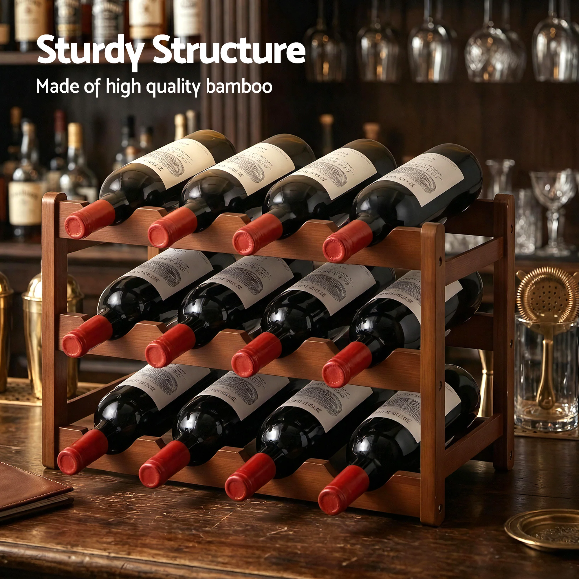 Artiss Bamboo Wine Rack 3-Tier Display Storage Organizer 12 Bottle Walnut - Image 6
