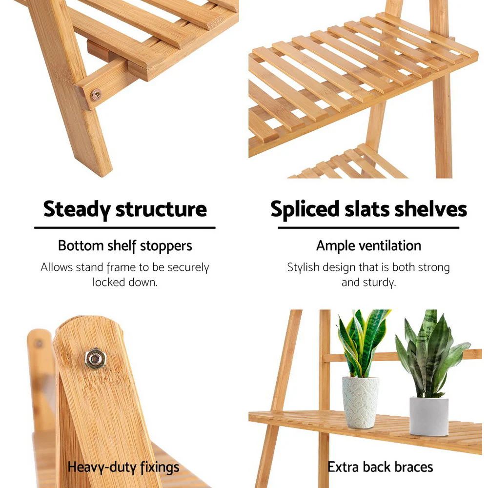 Artiss Plant Stand 4 Tier Bamboo Slat Flower Pot Shelf Pine - Image 3