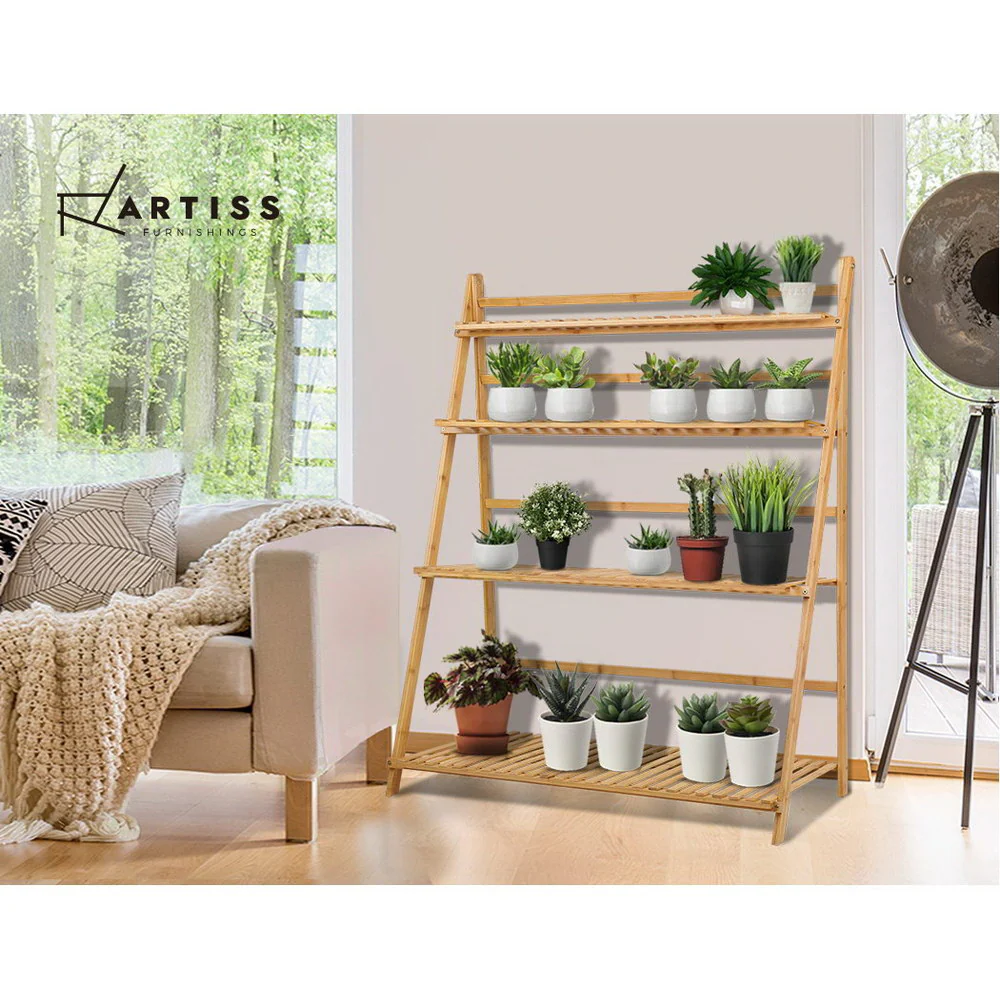 Artiss Plant Stand 4 Tier Bamboo Slat Flower Pot Shelf Pine - Image 6