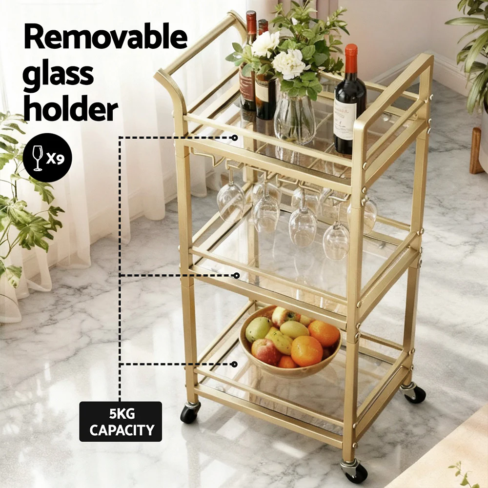 Artiss Bar Cart Drinks Trolley Serving Wine Glass Holder Rack Cocktail 43cm Gold - Image 4