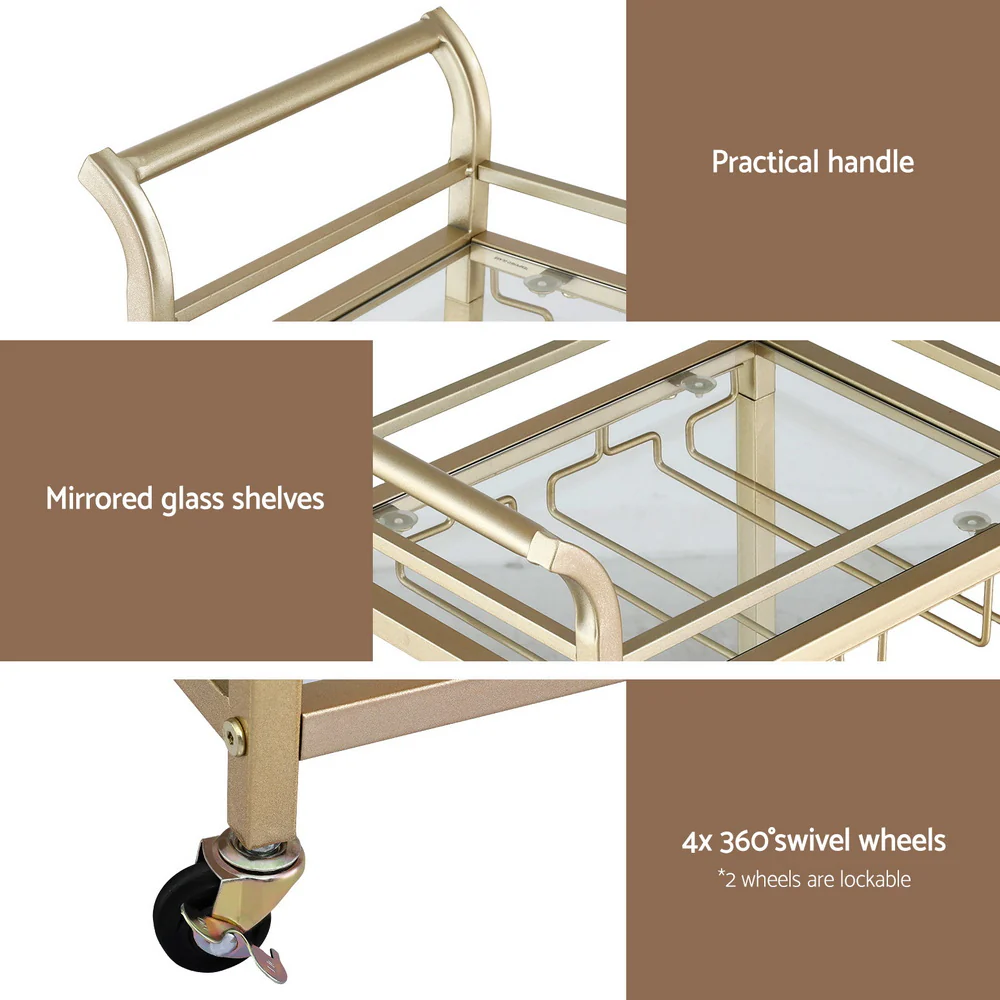 Artiss Bar Cart Drinks Trolley Serving Wine Glass Holder Rack Cocktail 43cm Gold - Image 5
