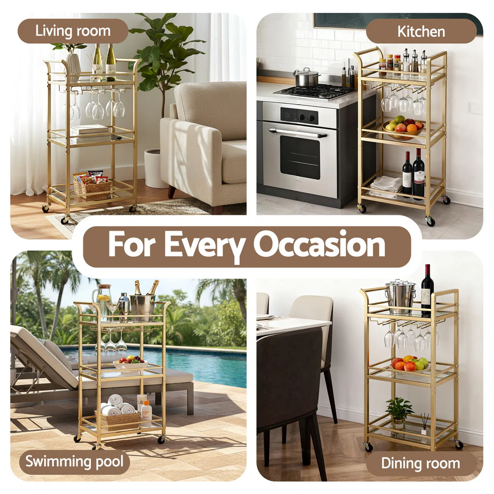 Artiss Bar Cart Drinks Trolley Serving Wine Glass Holder Rack Cocktail 43cm Gold - Image 6