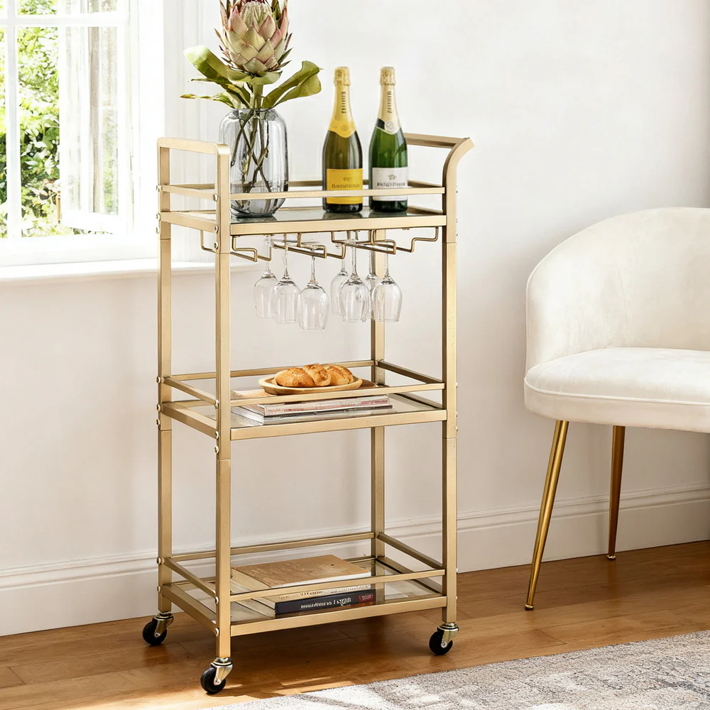 Artiss Bar Cart Drinks Trolley Serving Wine Glass Holder Rack Cocktail 43cm Gold - Image 7