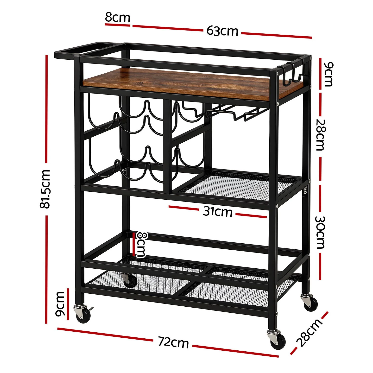 Artiss Bar Cart Drinks Trolley Serving Wine Rack Glass Holder 3 Hooks 72cm Black - Image 3