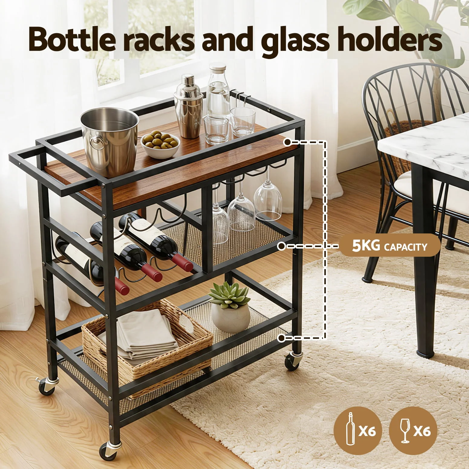 Artiss Bar Cart Drinks Trolley Serving Wine Rack Glass Holder 3 Hooks 72cm Black - Image 5